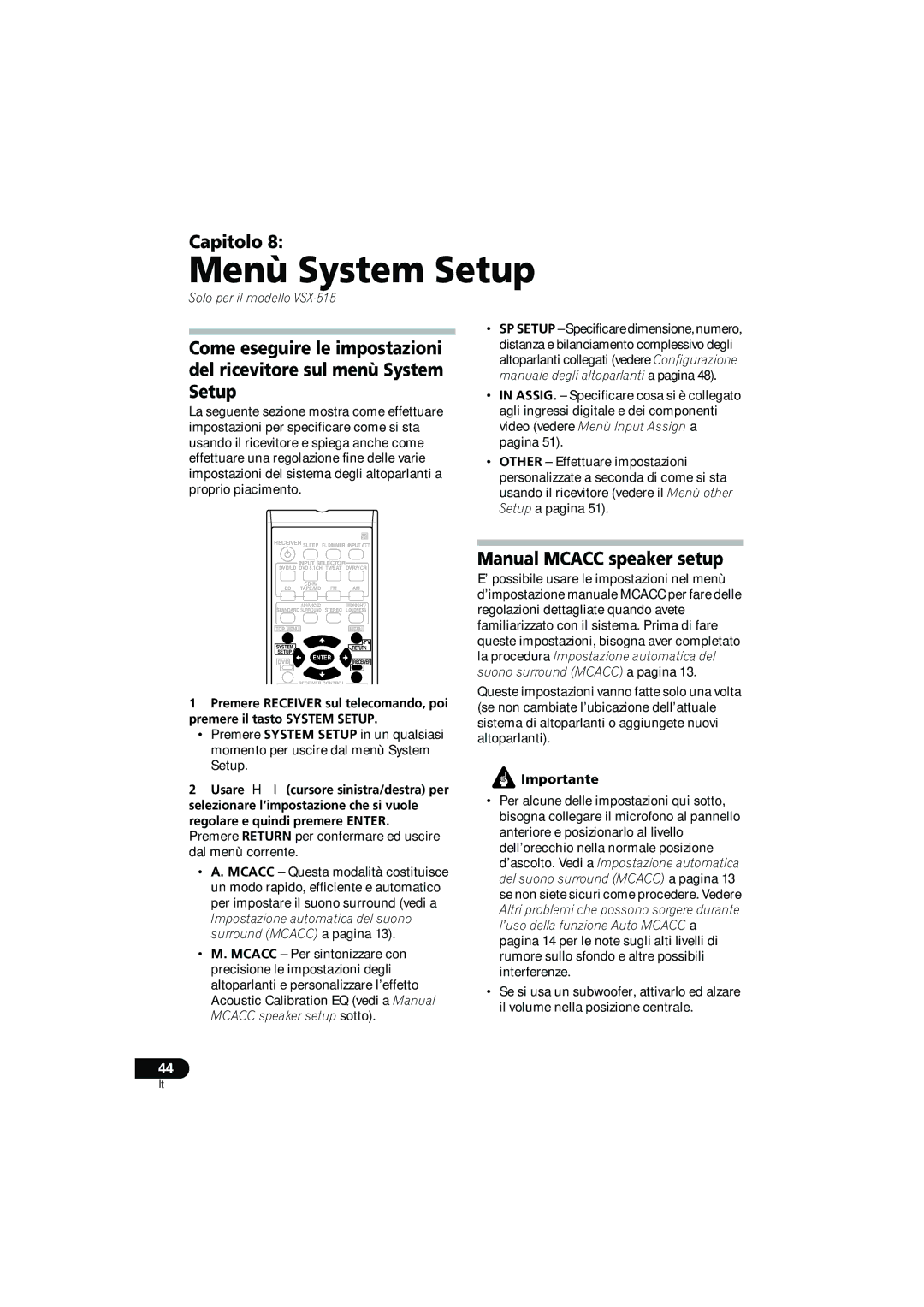 Pioneer VSX-415-S/-K, VSX-515-S/-K operating instructions Menù System Setup, Capitolo 