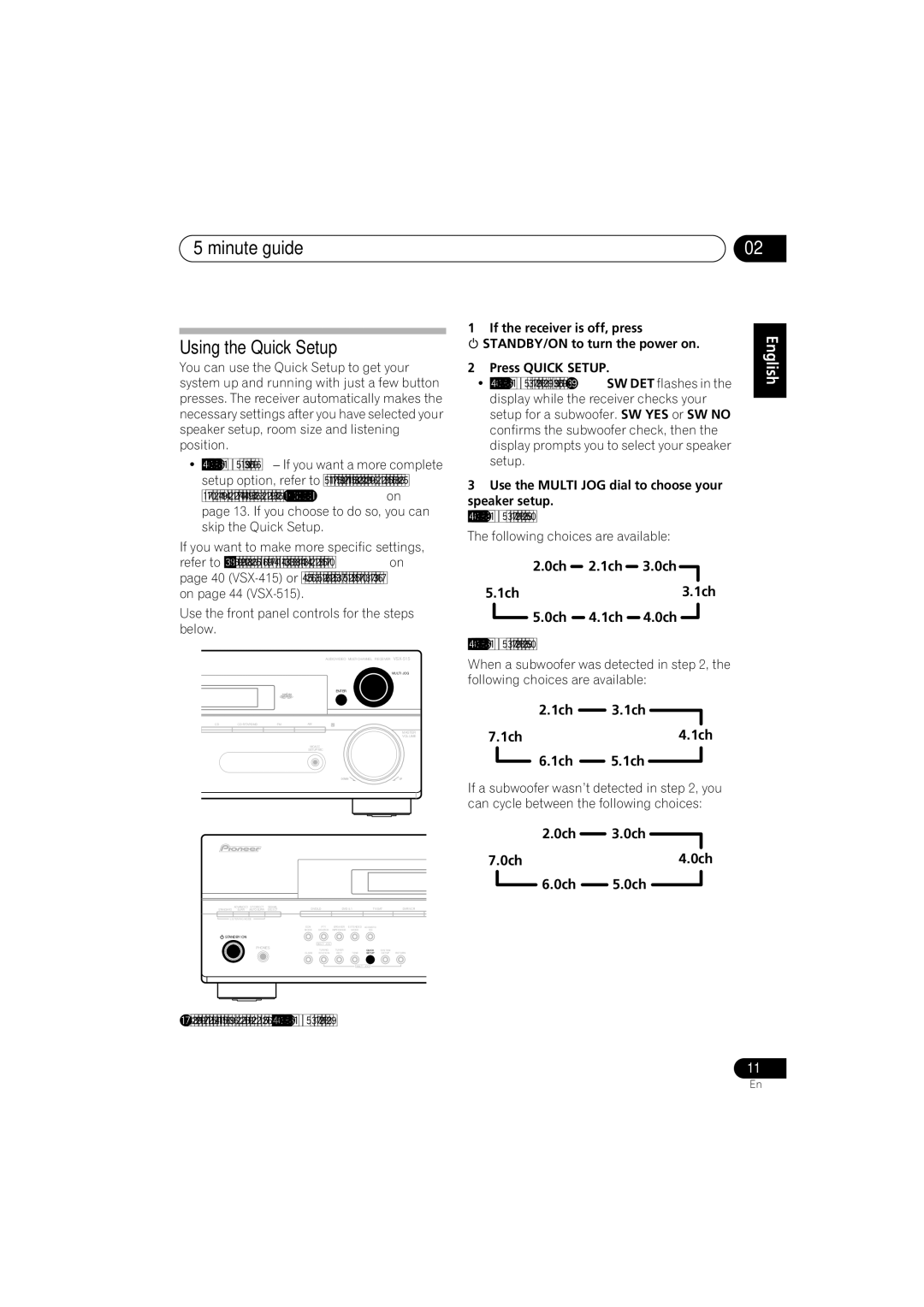 Pioneer VSX-515-S/-K, VSX-415-S/-K Minute guide Using the Quick Setup, 0ch 1ch, 1ch 3.1ch 1ch4.1ch 1ch 5.1ch 
