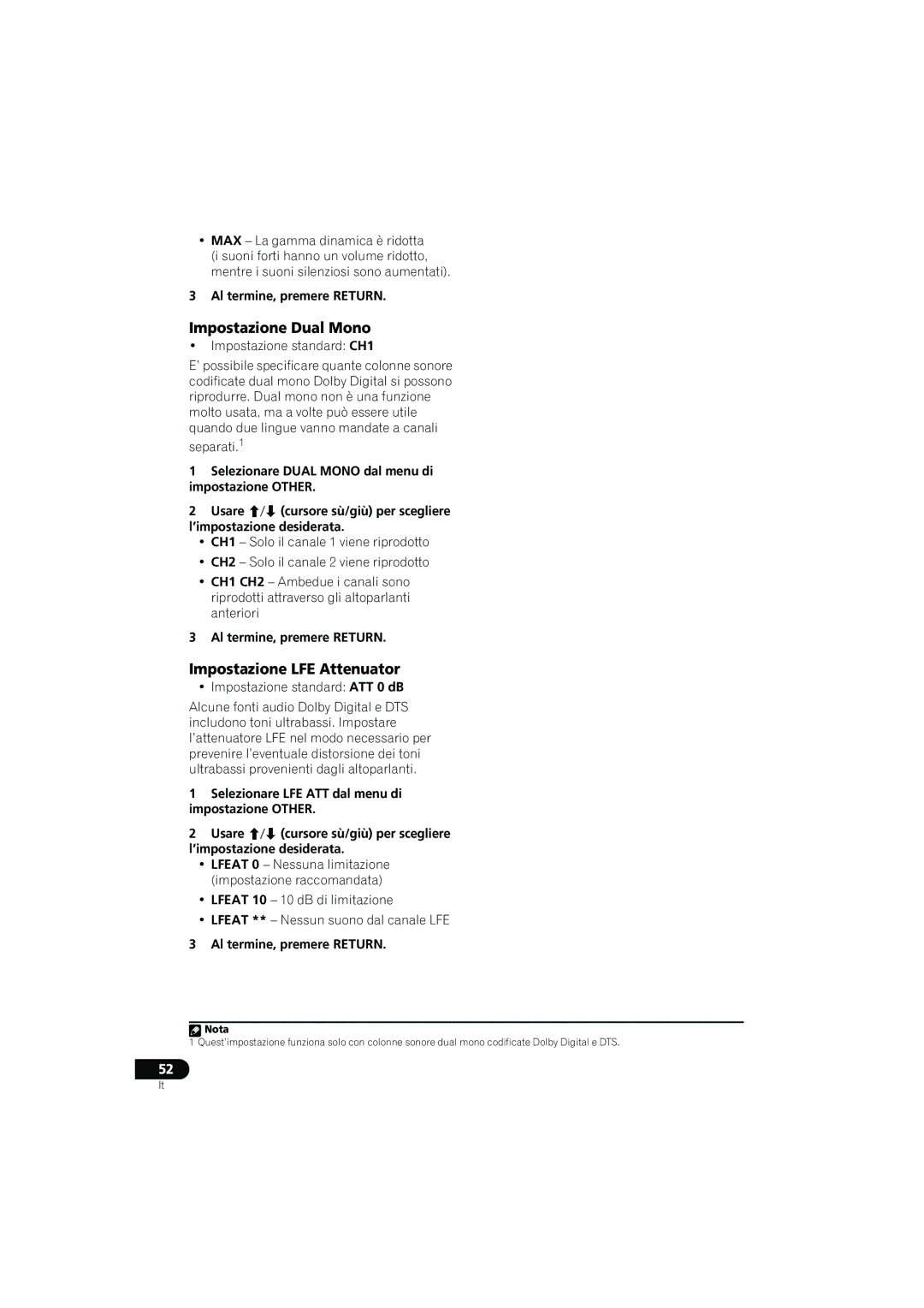 Pioneer VSX-415-S/-K, VSX-515-S/-K operating instructions Impostazione Dual Mono, Impostazione LFE Attenuator 