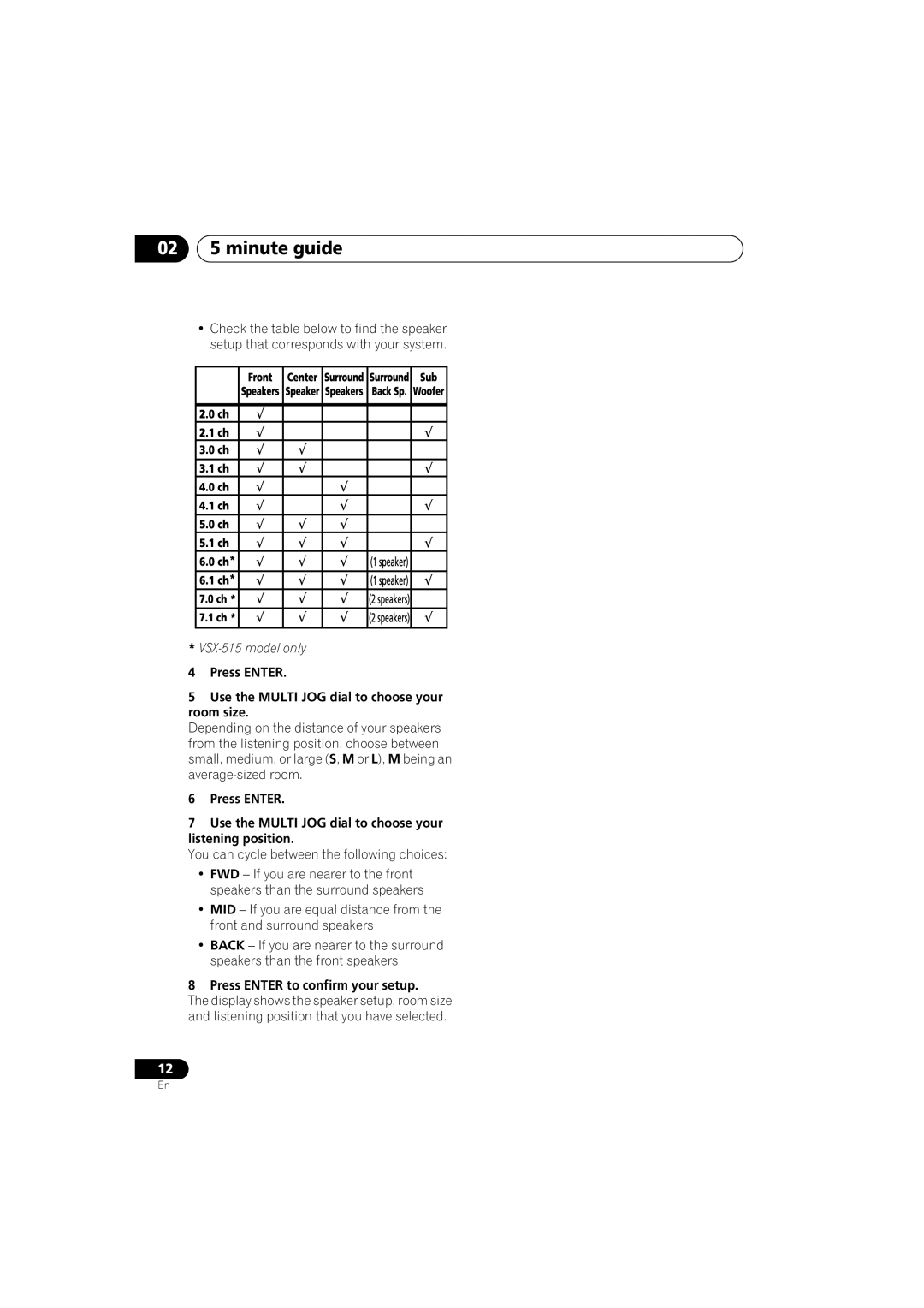 Pioneer VSX-415-S/-K Press Enter Use the Multi JOG dial to choose your room size, Press Enter to confirm your setup 