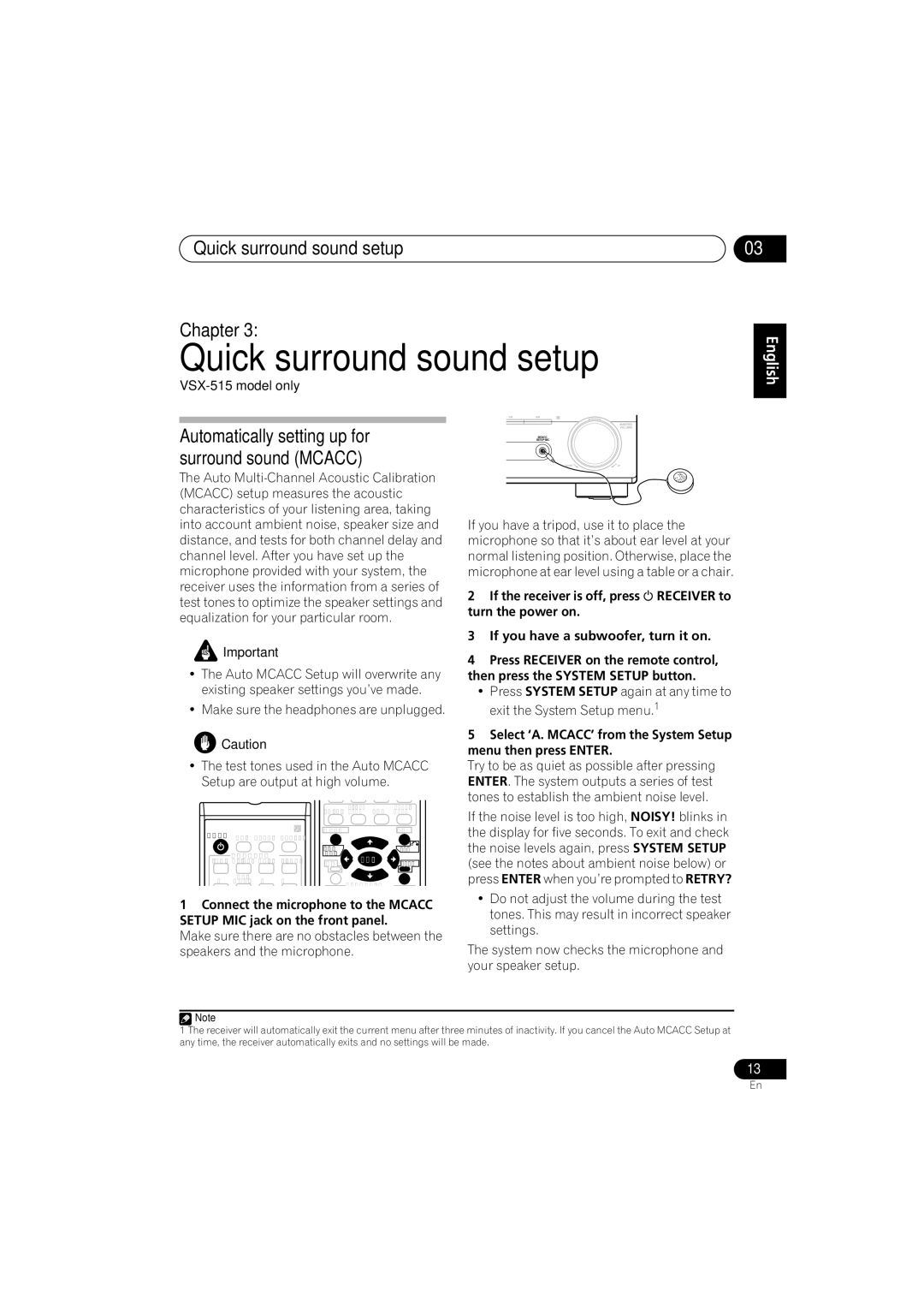 Pioneer VSX-515-S/-K Quick surround sound setup Chapter, Automatically setting up for surround sound Mcacc, English 