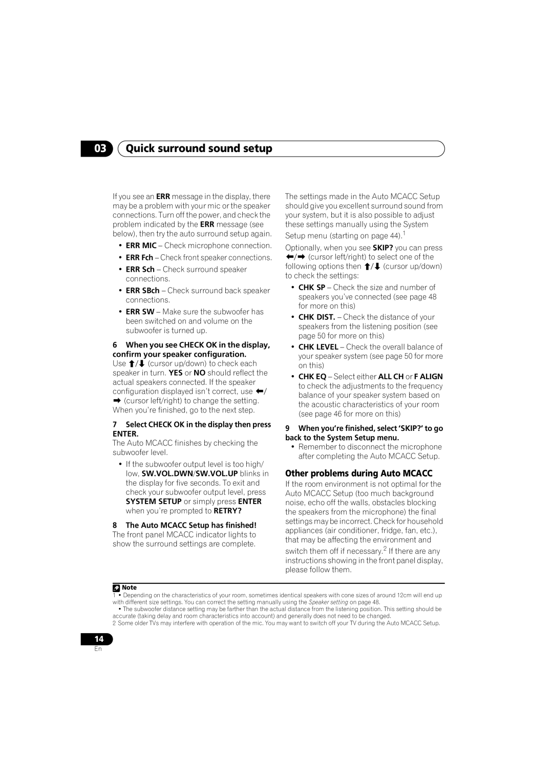 Pioneer VSX-415-S/-K, VSX-515-S/-K Quick surround sound setup, Other problems during Auto Mcacc, Enter 