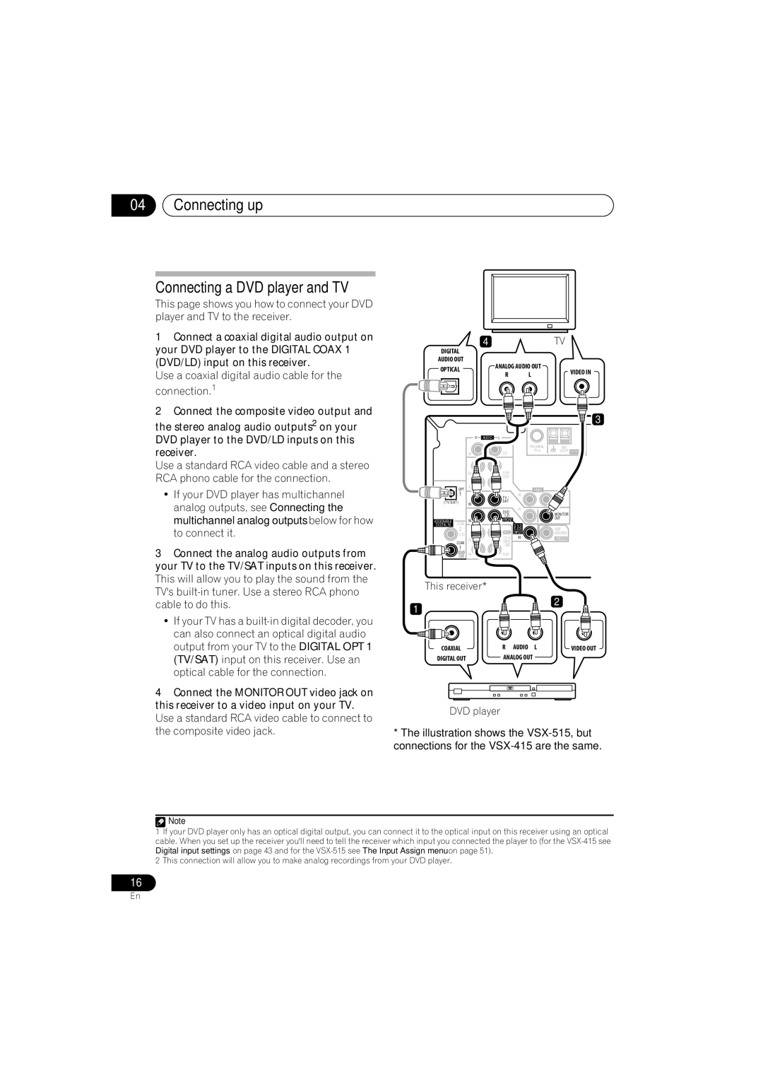 Pioneer VSX-415-S/-K, VSX-515-S/-K operating instructions Connecting up Connecting a DVD player and TV 