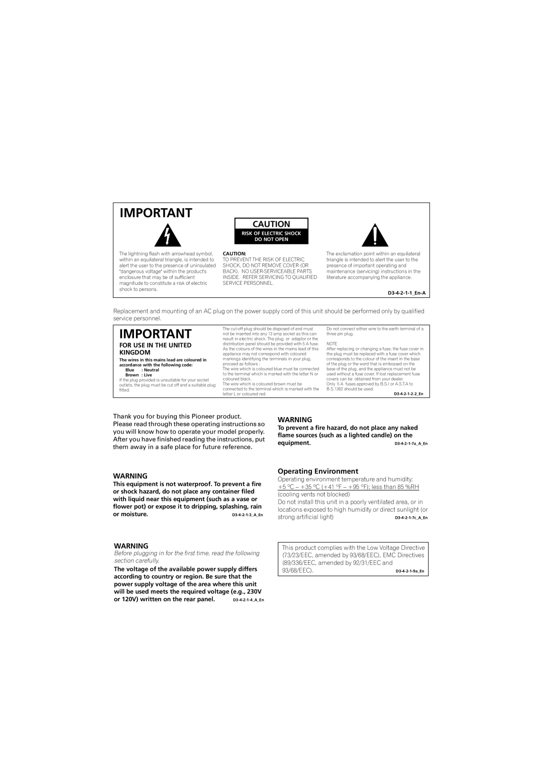 Pioneer VSX-415-S/-K, VSX-515-S/-K operating instructions Operating Environment, Risk of Electric Shock Do not Open 