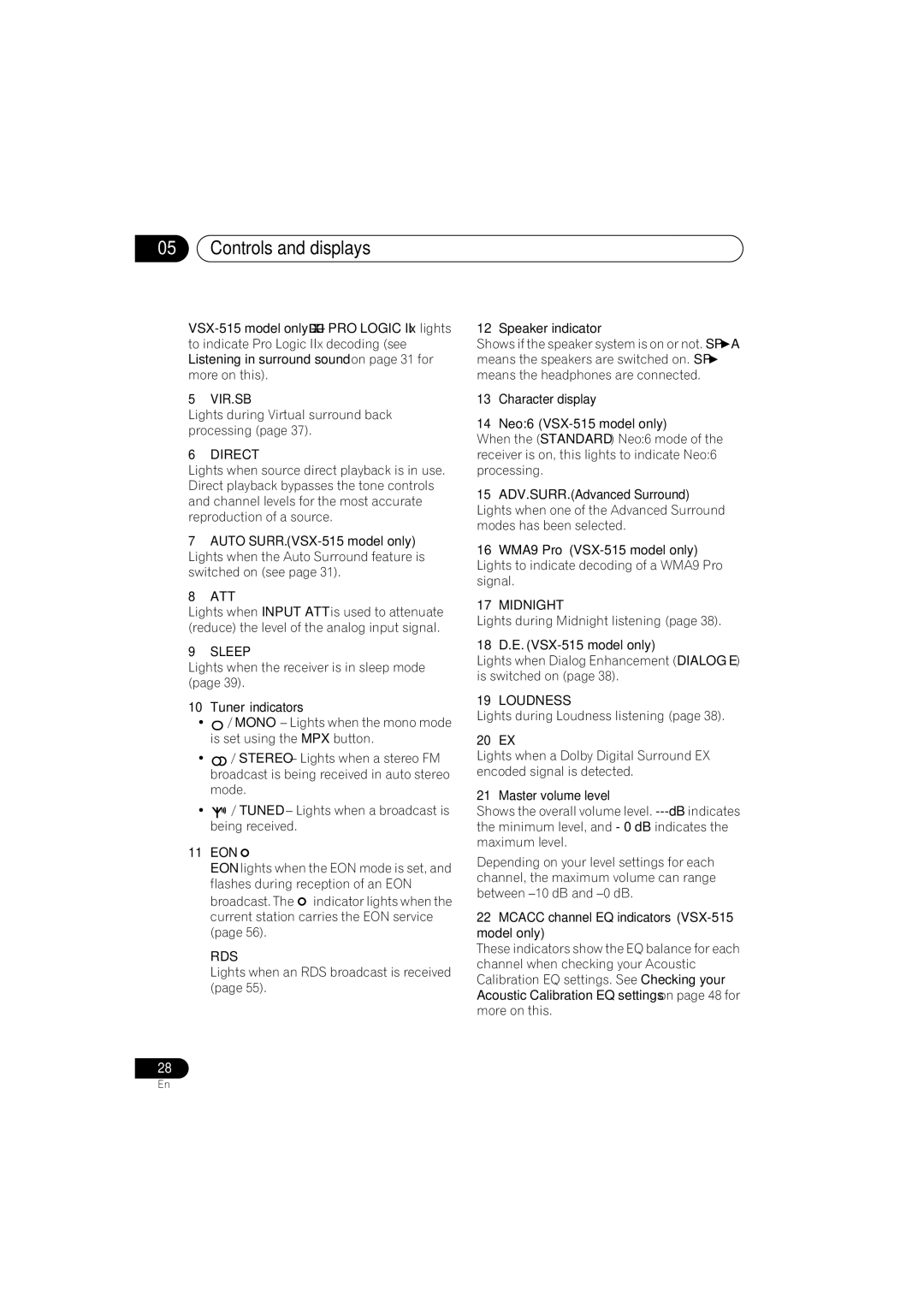 Pioneer VSX-415-S/-K, VSX-515-S/-K operating instructions Vir.Sb, Direct, Att, Sleep, Rds, Midnight, Loudness 