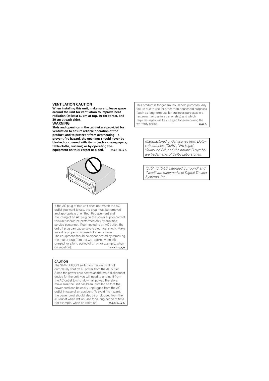 Pioneer VSX-515-S/-K, VSX-415-S/-K operating instructions Ventilation Caution 