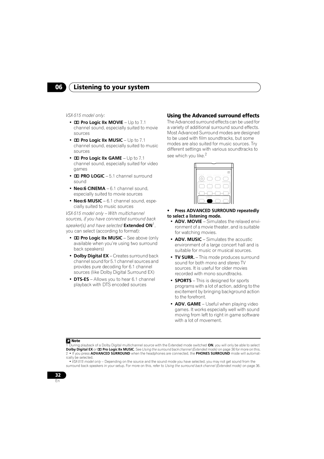 Pioneer VSX-415-S/-K, VSX-515-S/-K Listening to your system, Using the Advanced surround effects, See which you like.2 