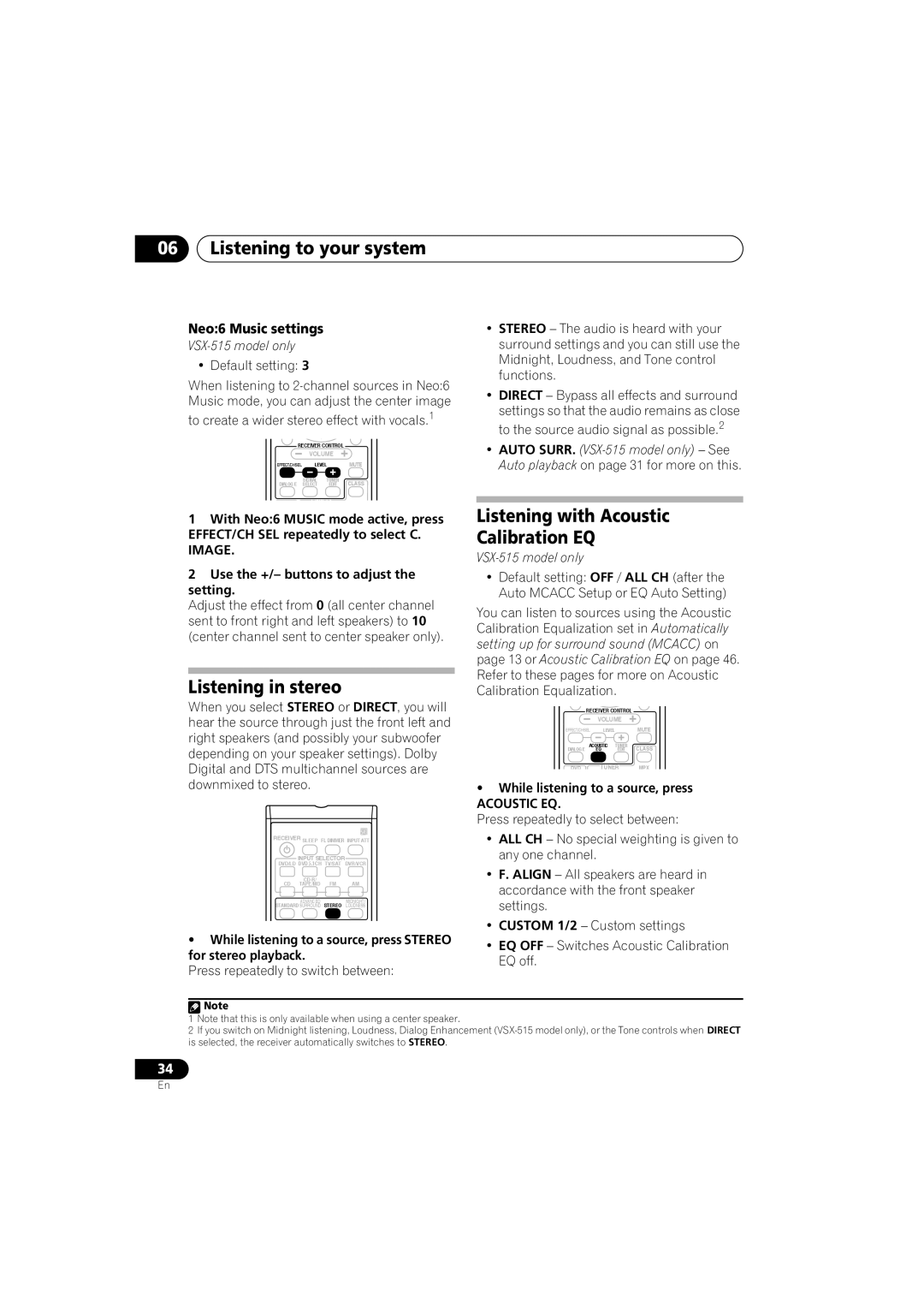 Pioneer VSX-415-S/-K, VSX-515-S/-K Listening in stereo, Listening with Acoustic Calibration EQ, Neo6 Music settings, Image 