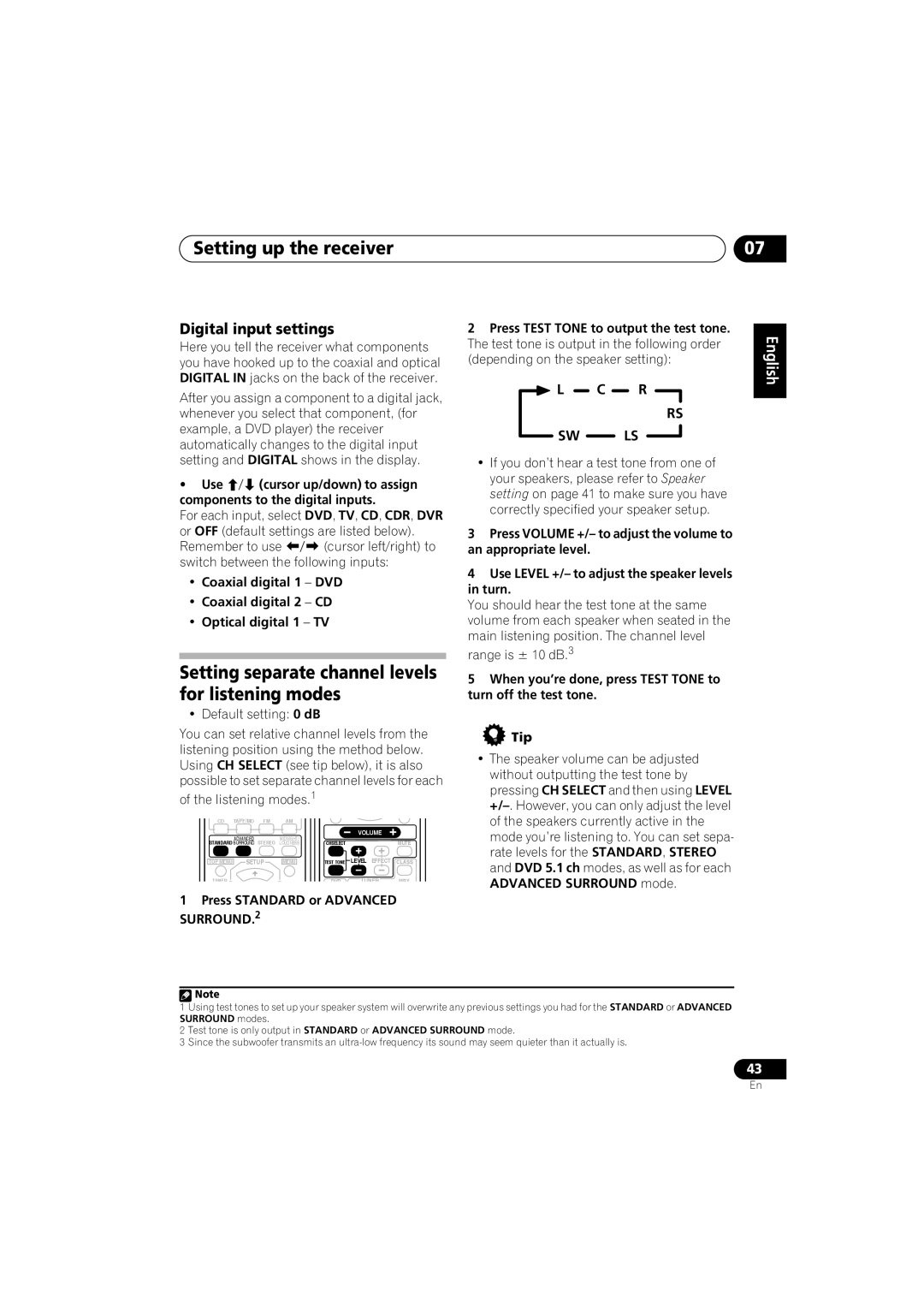 Pioneer VSX-515-S/-K Setting separate channel levels for listening modes, Digital input settings, Listening modes.1 