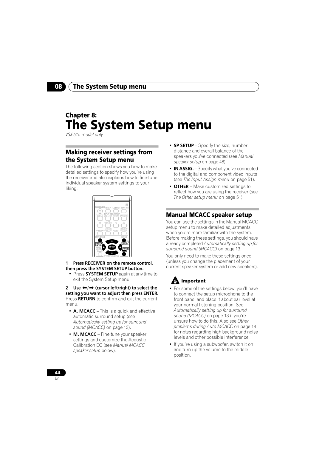 Pioneer VSX-415-S/-K, VSX-515-S/-K operating instructions System Setup menu Chapter, Manual Mcacc speaker setup 