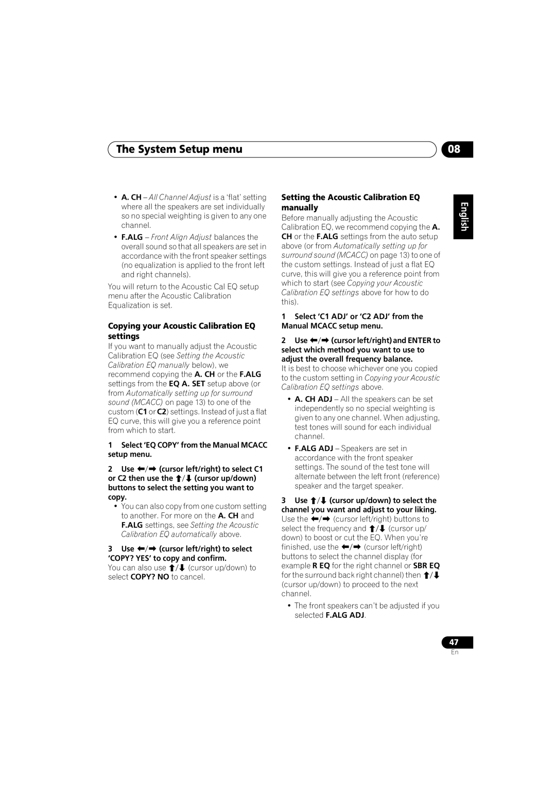 Pioneer VSX-515-S/-K Copying your Acoustic Calibration EQ settings, Setting the Acoustic Calibration EQ, Manually 