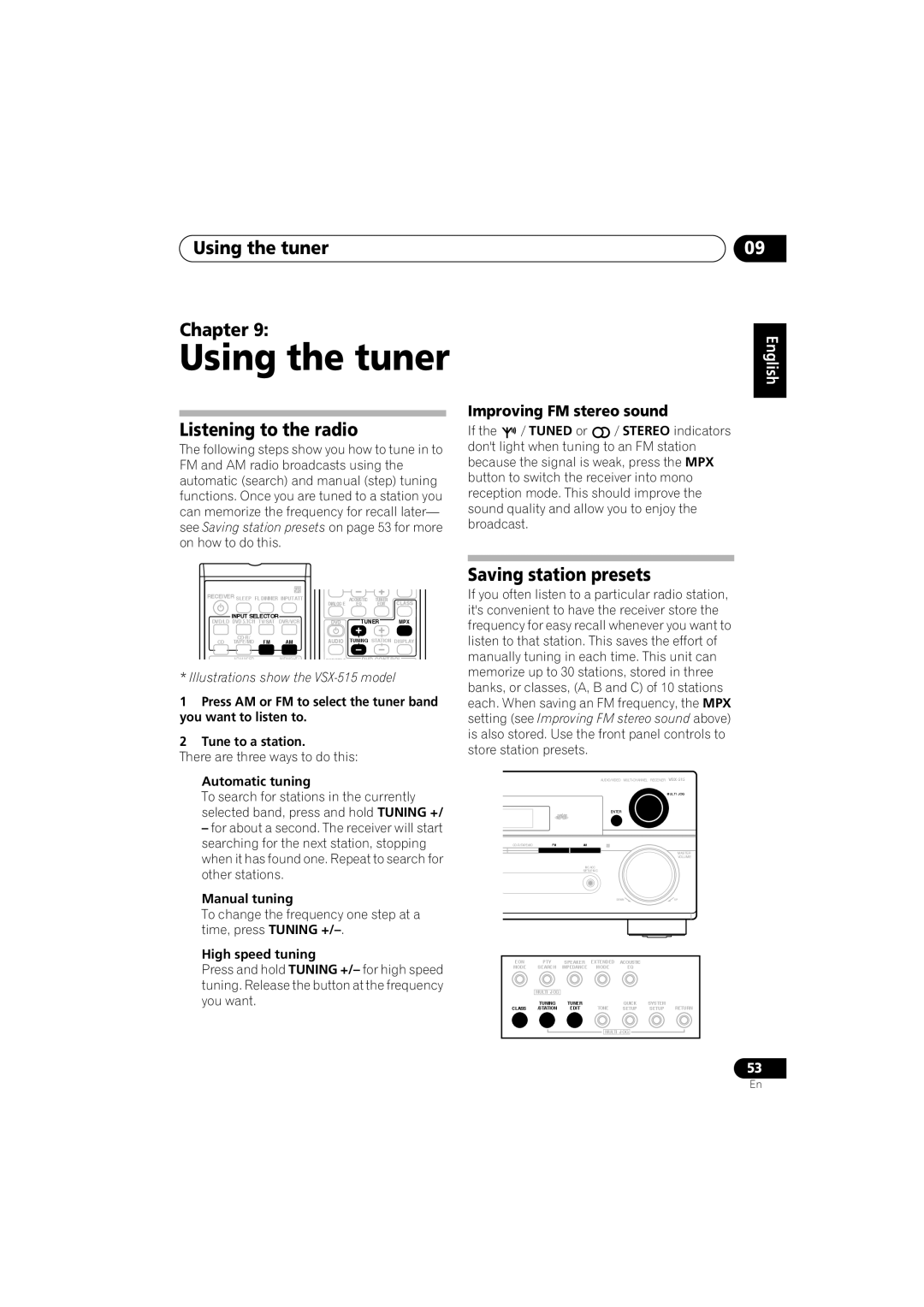 Pioneer VSX-515-S/-K, VSX-415-S/-K Using the tuner Chapter, Listening to the radio, Improving FM stereo sound 