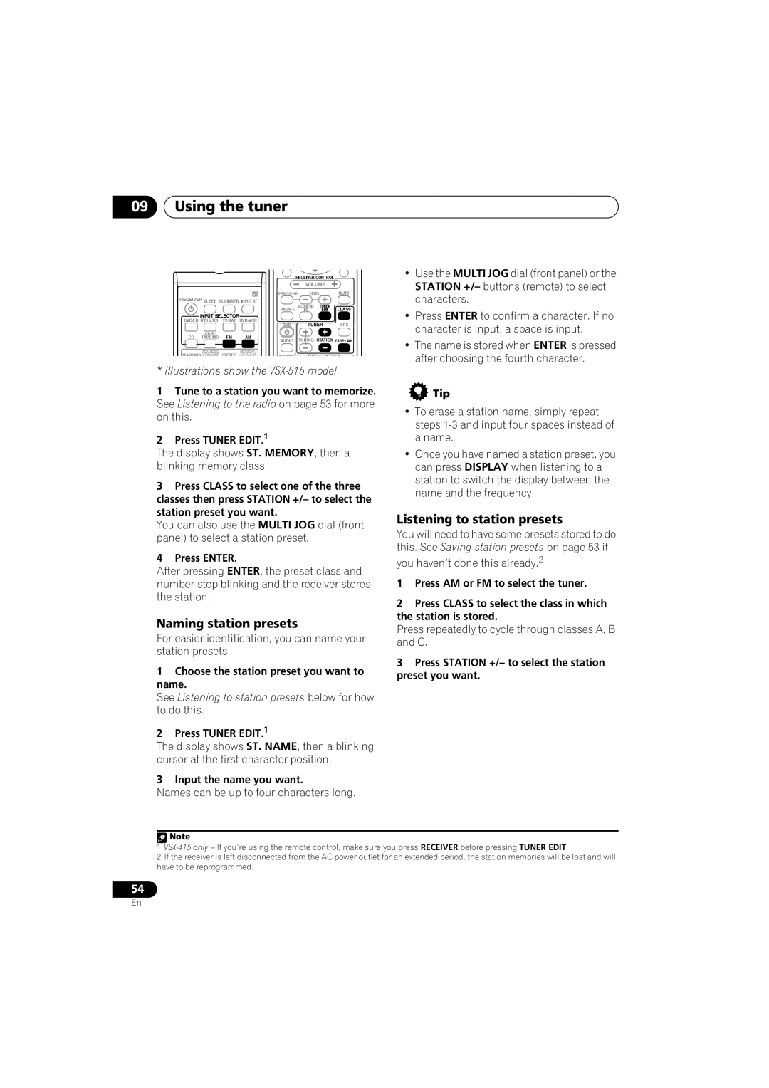 Pioneer VSX-415-S/-K, VSX-515-S/-K Using the tuner, Naming station presets, Listening to station presets 