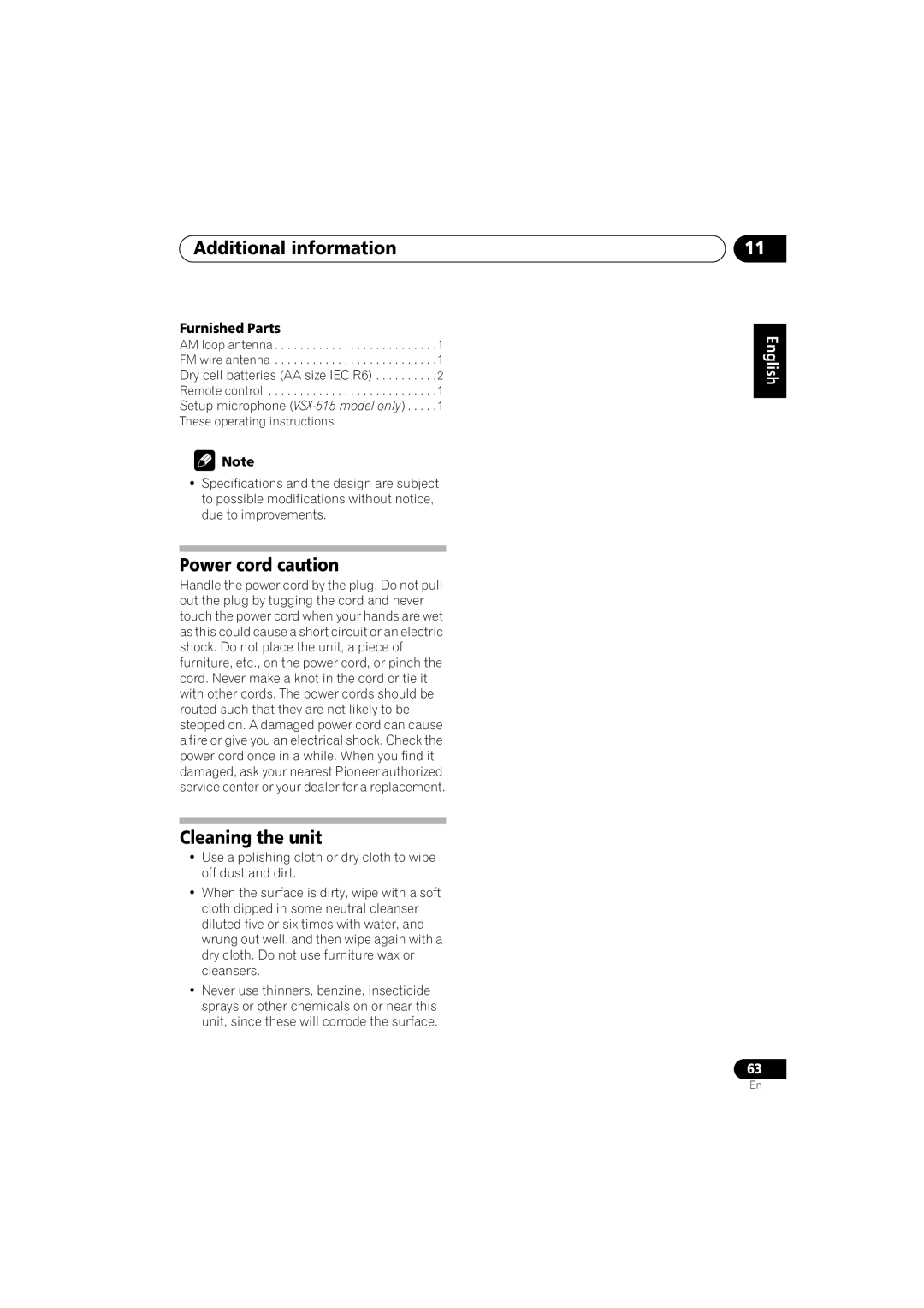 Pioneer VSX-515-S/-K, VSX-415-S/-K operating instructions Power cord caution, Cleaning the unit, Furnished Parts 