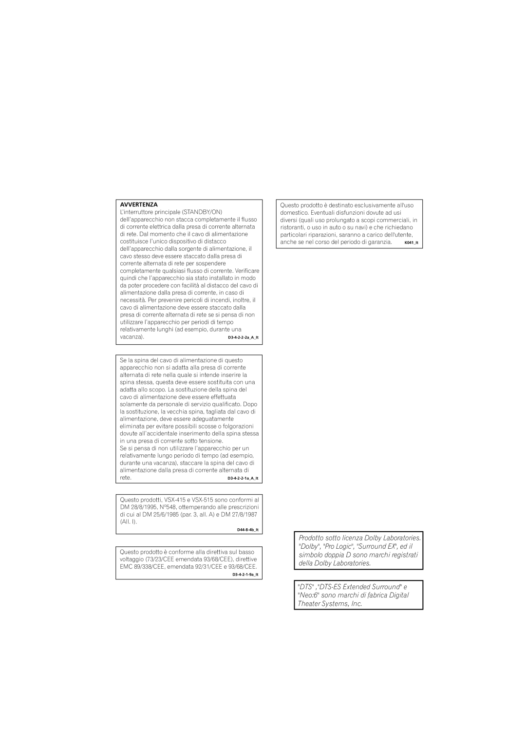 Pioneer VSX-515-S/-K, VSX-415-S/-K operating instructions Avvertenza 