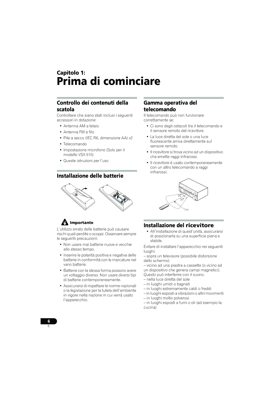 Pioneer VSX-415-S/-K Prima di cominciare, Capitolo, Controllo dei contenuti della scatola, Installazione del ricevitore 