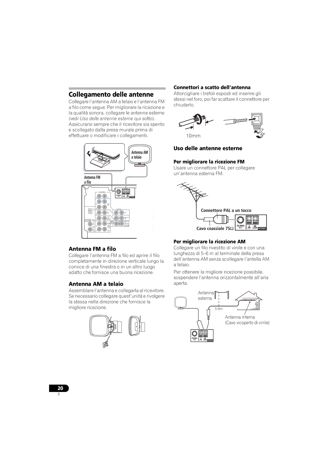 Pioneer VSX-415-S/-K Collegamento delle antenne, Antenna FM a filo, Antenna AM a telaio, Uso delle antenne esterne 