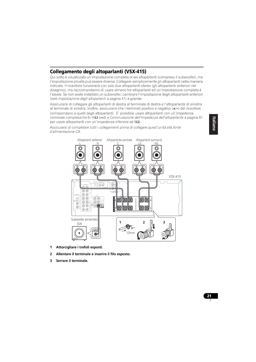 Pioneer VSX-515-S/-K, VSX-415-S/-K Collegamento degli altoparlanti VSX-415, English Italiano Français Deutsch 