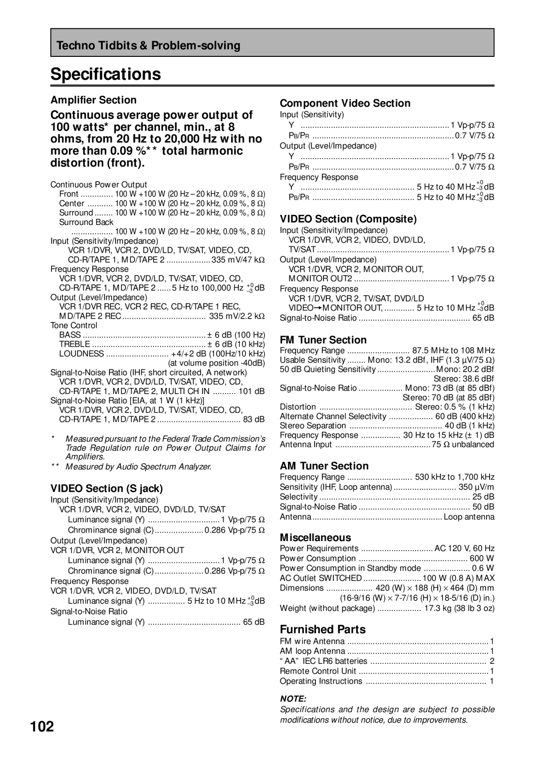 Pioneer VSX-43TX operating instructions Specifications 