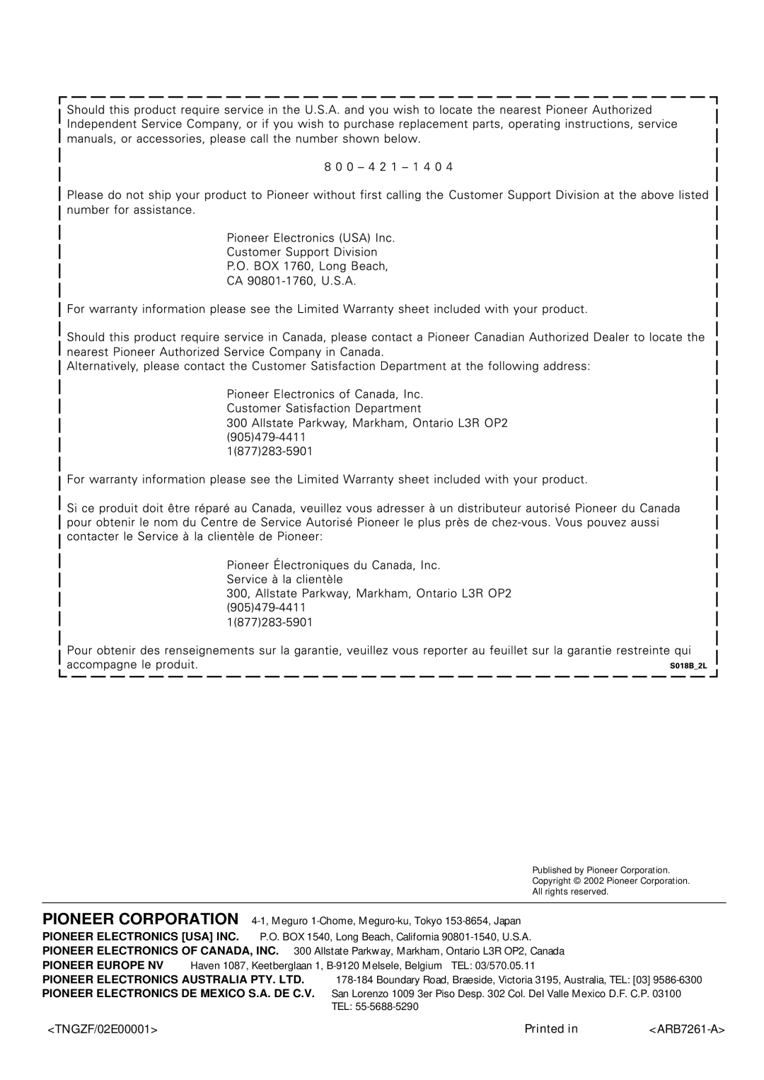 Pioneer VSX-43TX operating instructions TNGZF/02E00001 Printed 