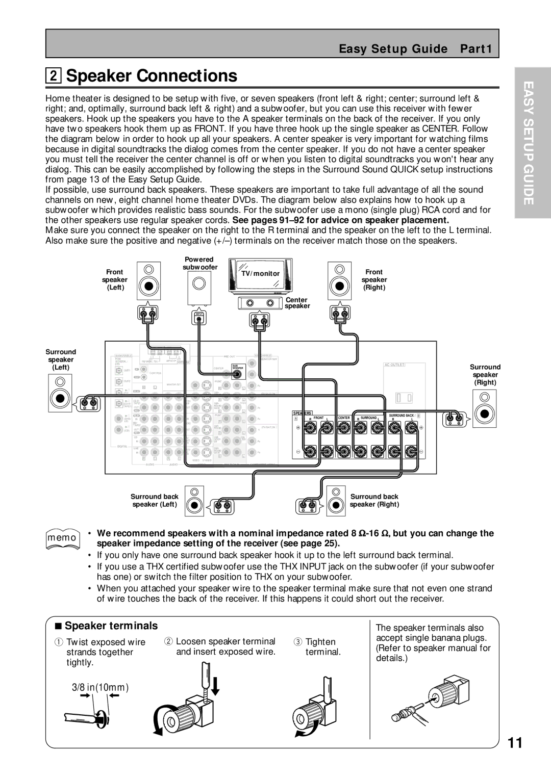 Pioneer VSX-43TX Speaker Connections, Speaker terminals, Speaker impedance setting of the receiver see 