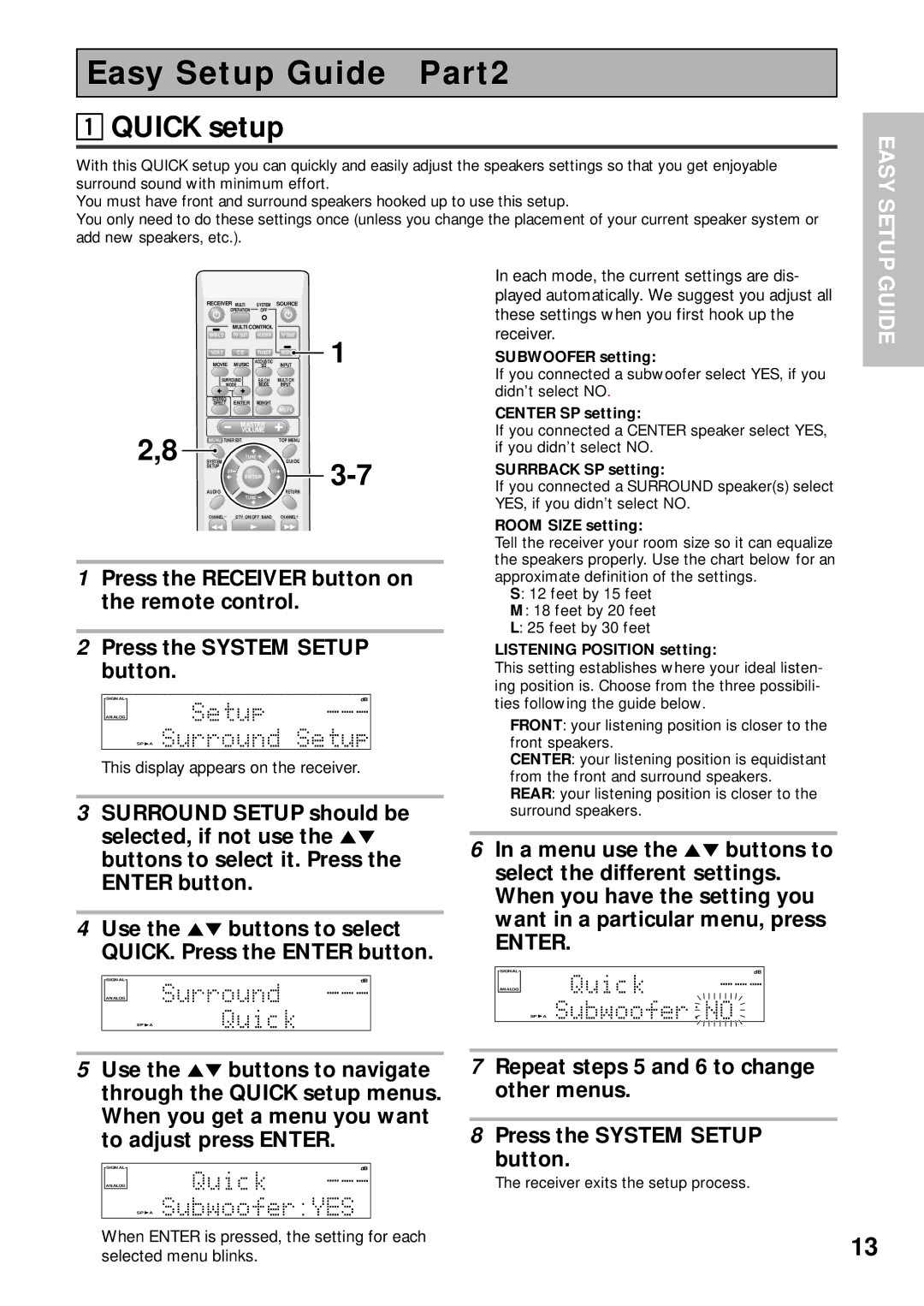 Pioneer VSX-43TX operating instructions Easy Setup Guide Part2, Quick setup, Enter 