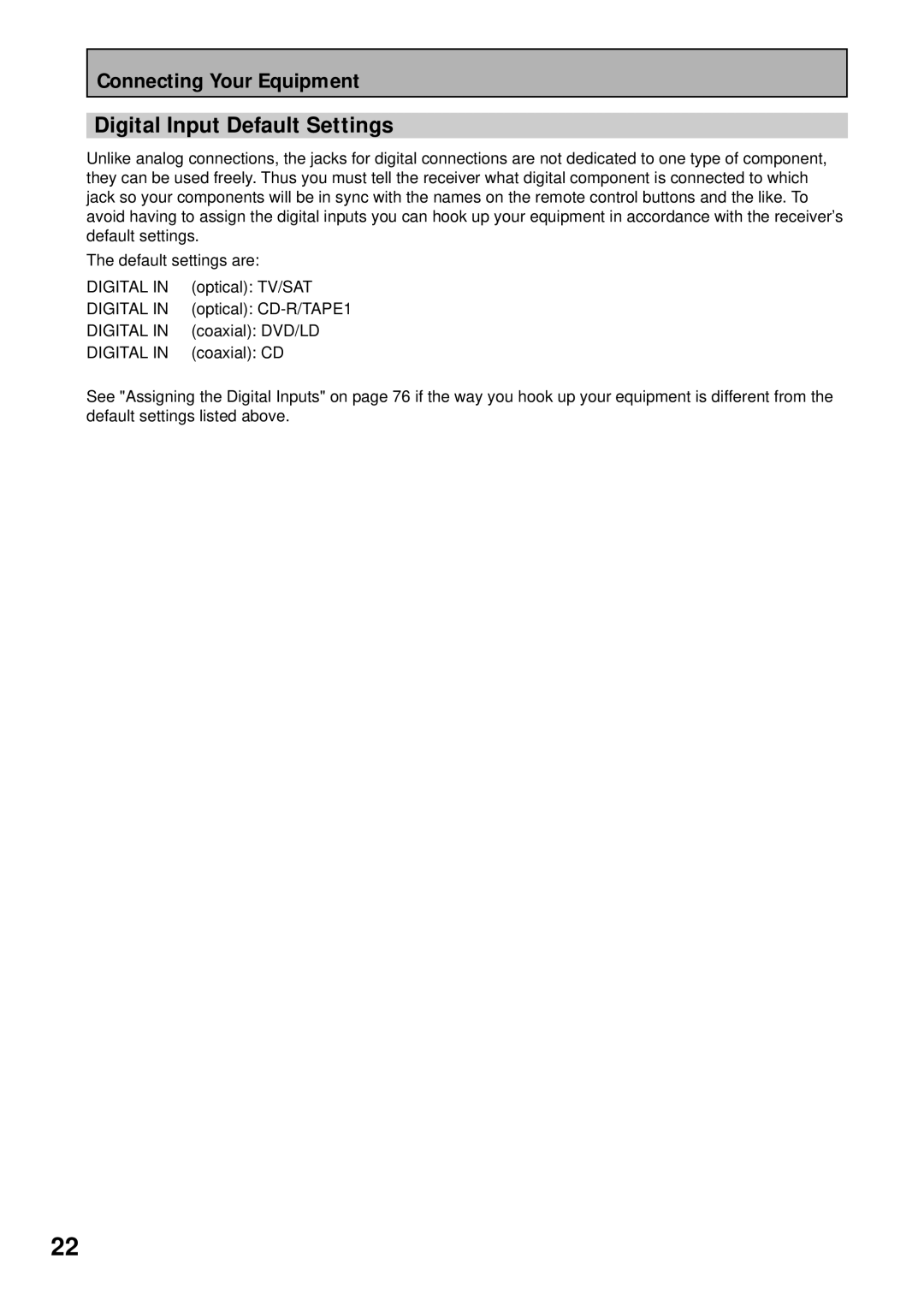 Pioneer VSX-43TX operating instructions Digital Input Default Settings 