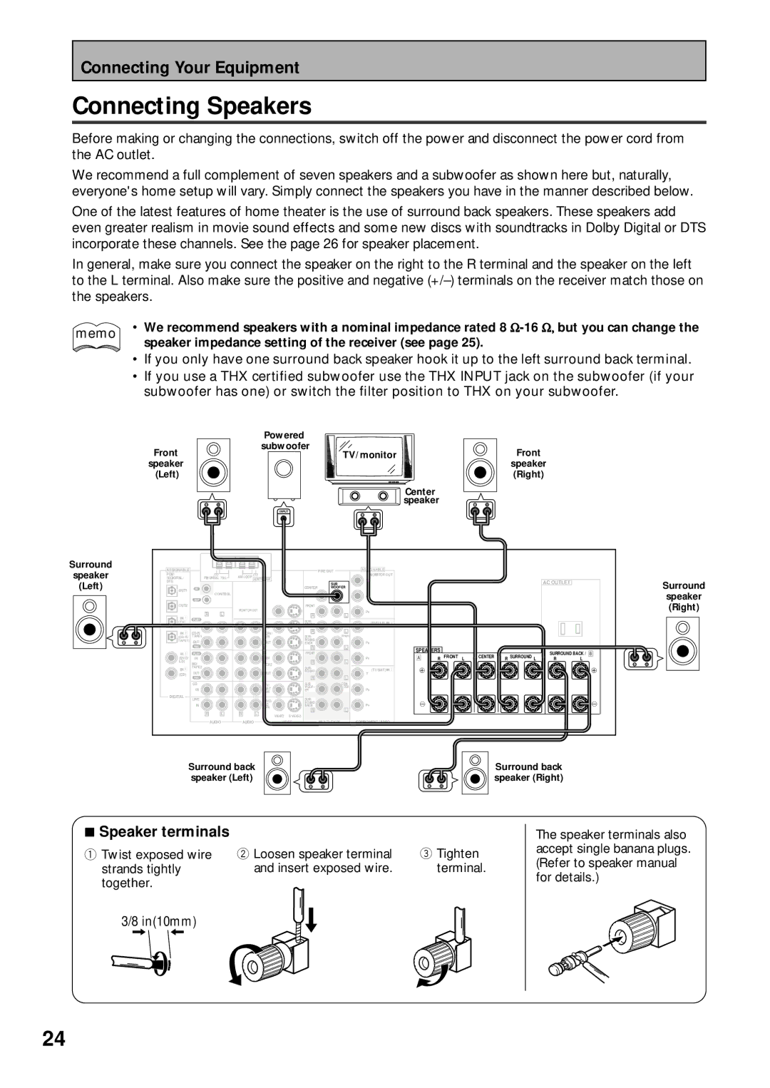 Pioneer VSX-43TX operating instructions Connecting Speakers, Speaker impedance setting of the receiver see 