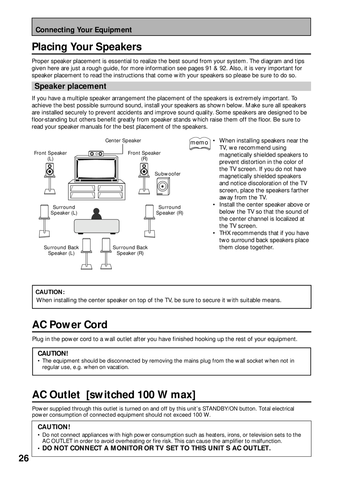 Pioneer VSX-43TX Placing Your Speakers, AC Power Cord, AC Outlet switched 100 W max, Speaker placement 