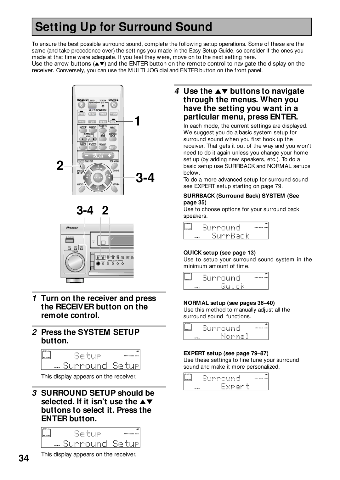 Pioneer VSX-43TX Setting Up for Surround Sound, Surrback Surround Back System See, Quick setup see, Normal setup see pages 