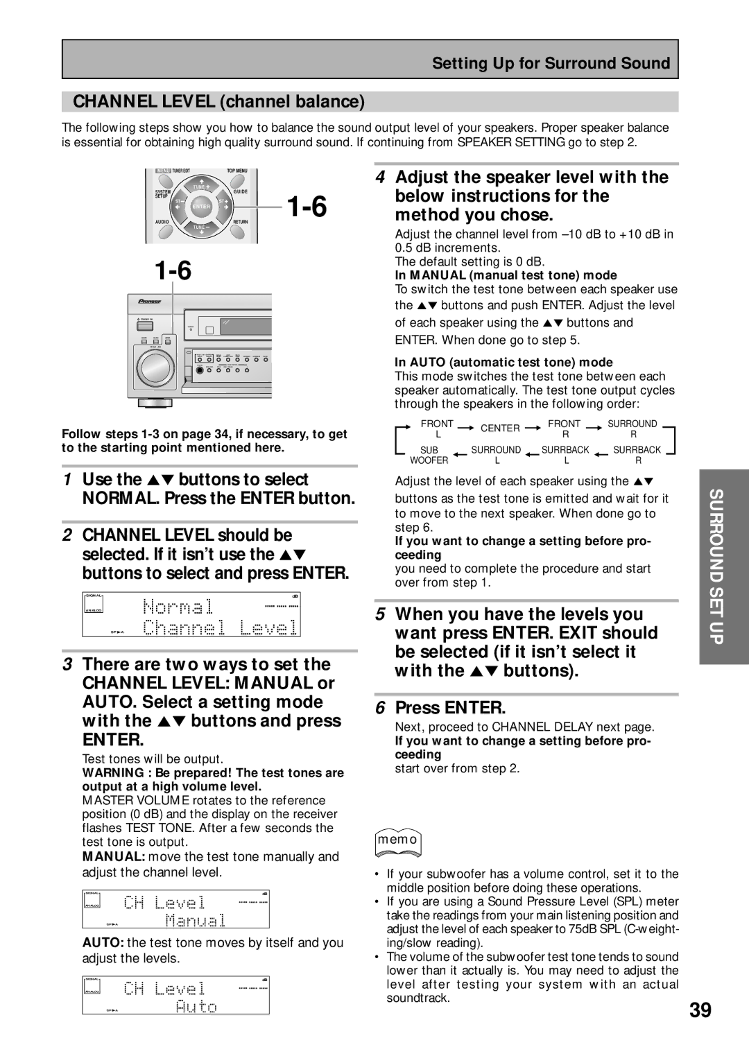 Pioneer VSX-43TX Channel Level channel balance, Manual manual test tone mode, Auto automatic test tone mode 