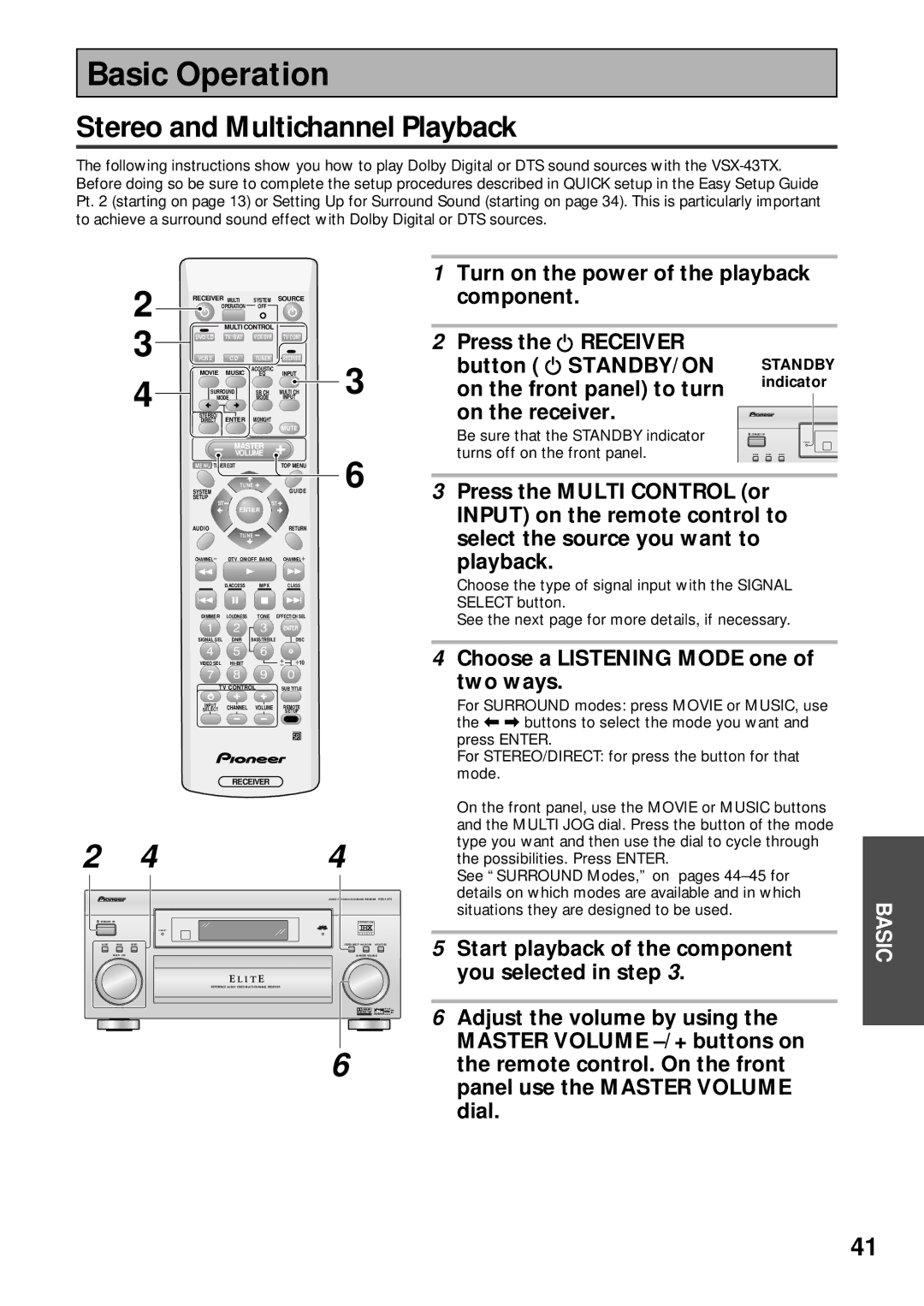 Pioneer VSX-43TX operating instructions Basic Operation, Stereo and Multichannel Playback 