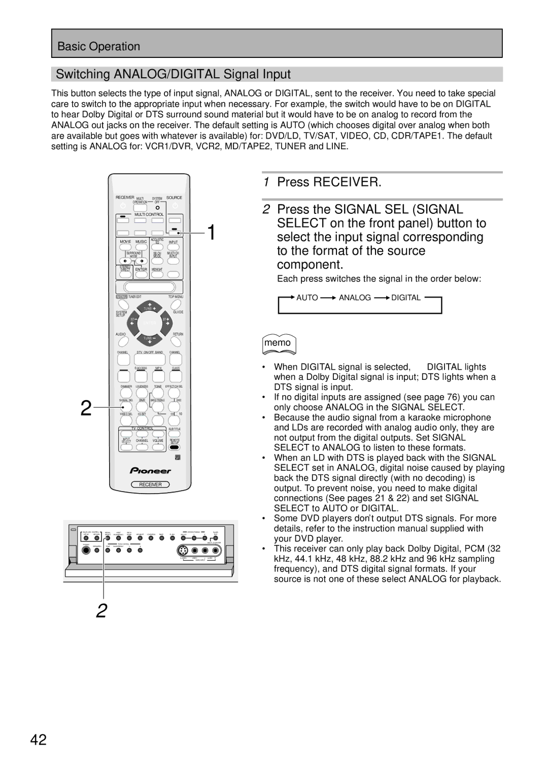 Pioneer VSX-43TX Switching ANALOG/DIGITAL Signal Input, Each press switches the signal in the order below 