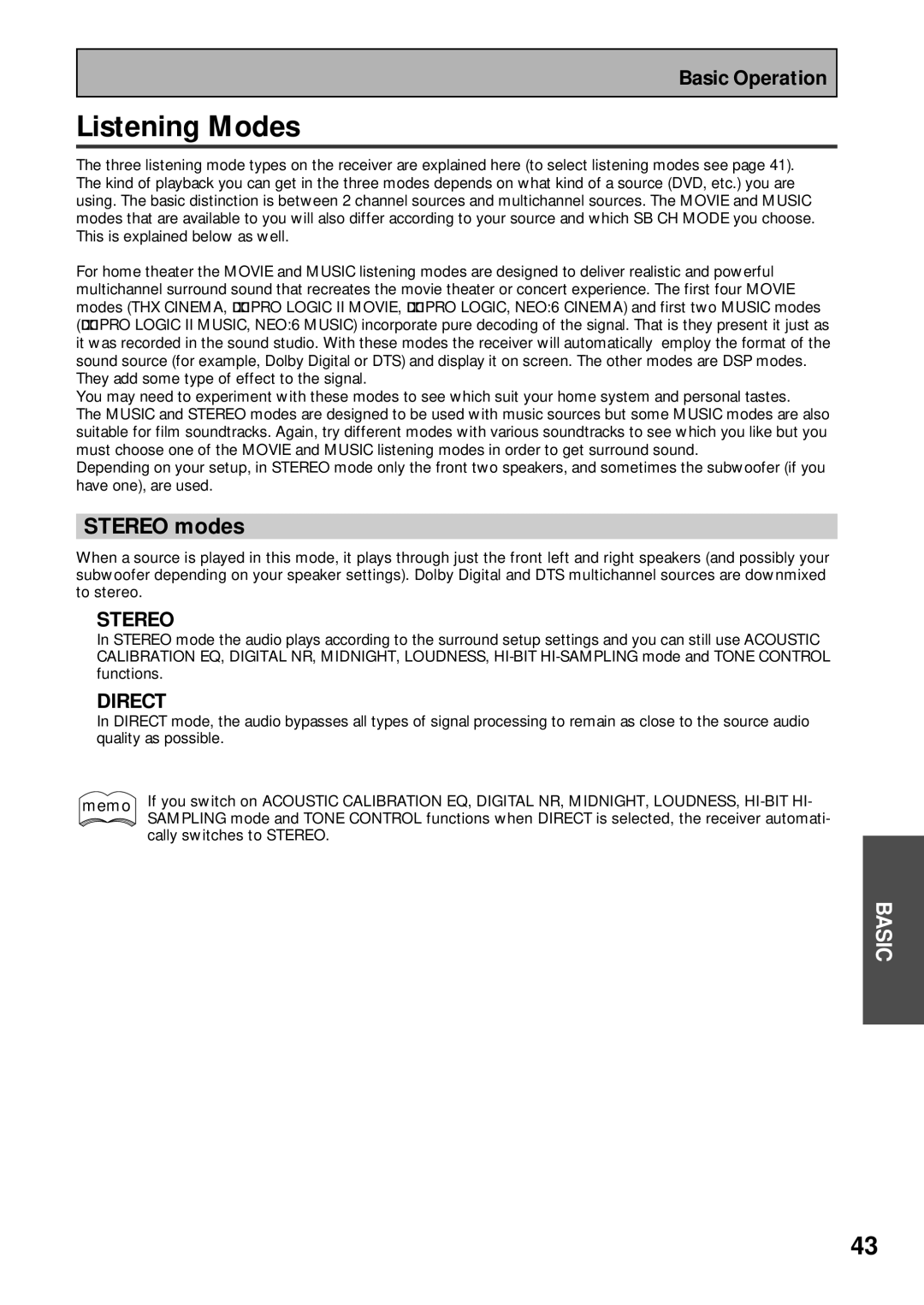 Pioneer VSX-43TX operating instructions Listening Modes, Stereo modes 