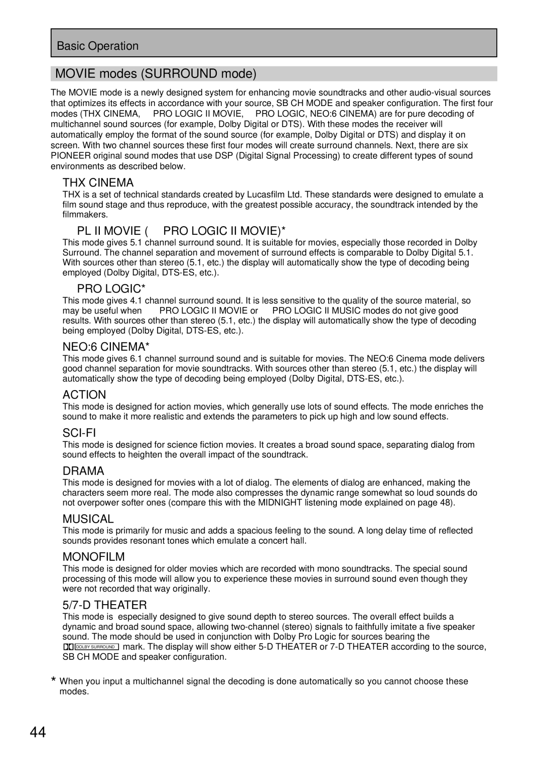 Pioneer VSX-43TX operating instructions Movie modes Surround mode, THX Cinema 2PL II Movie 2PRO Logic II Movie 