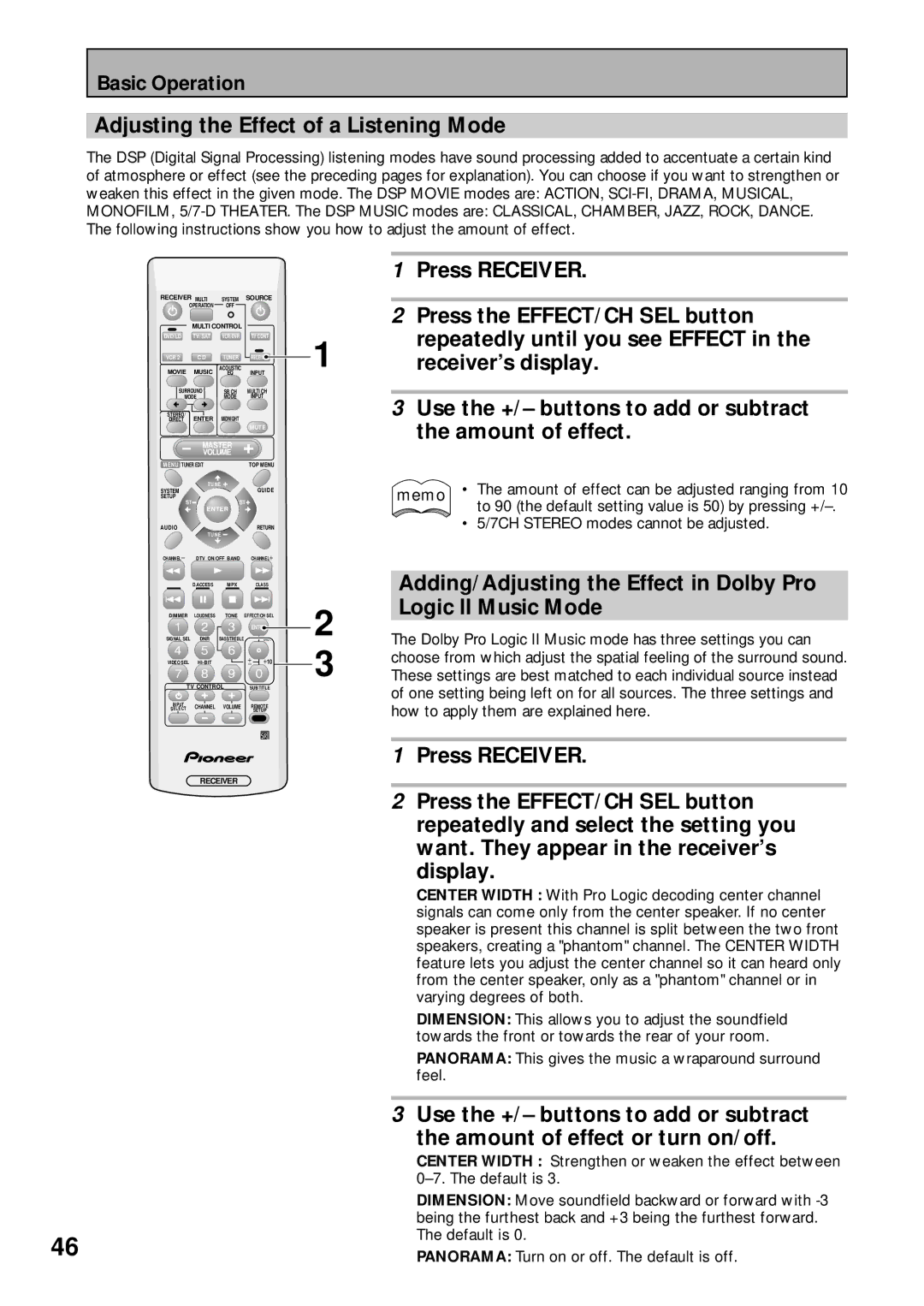 Pioneer VSX-43TX Adjusting the Effect of a Listening Mode, Press Receiver, Amount of effect can be adjusted ranging from 