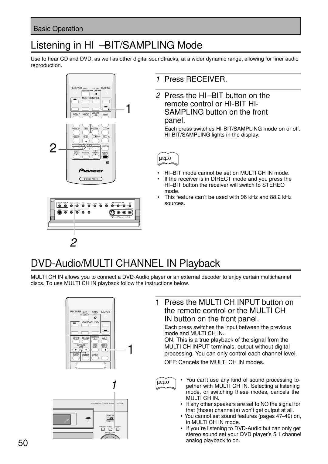 Pioneer VSX-43TX Listening in HI-BIT/SAMPLING Mode, DVD-Audio/MULTI Channel in Playback, Remote control or the Multi CH 