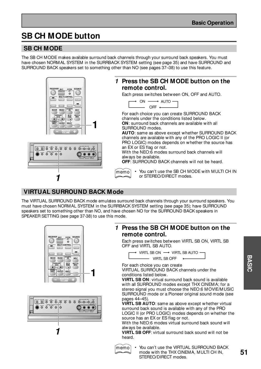 Pioneer VSX-43TX operating instructions Press the SB CH Mode button on Remote control, Virtual Surround Back Mode 