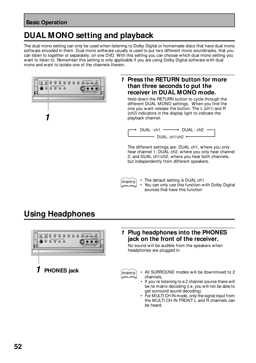 Pioneer VSX-43TX operating instructions Dual Mono setting and playback, Using Headphones, Default setting is Dual ch1 