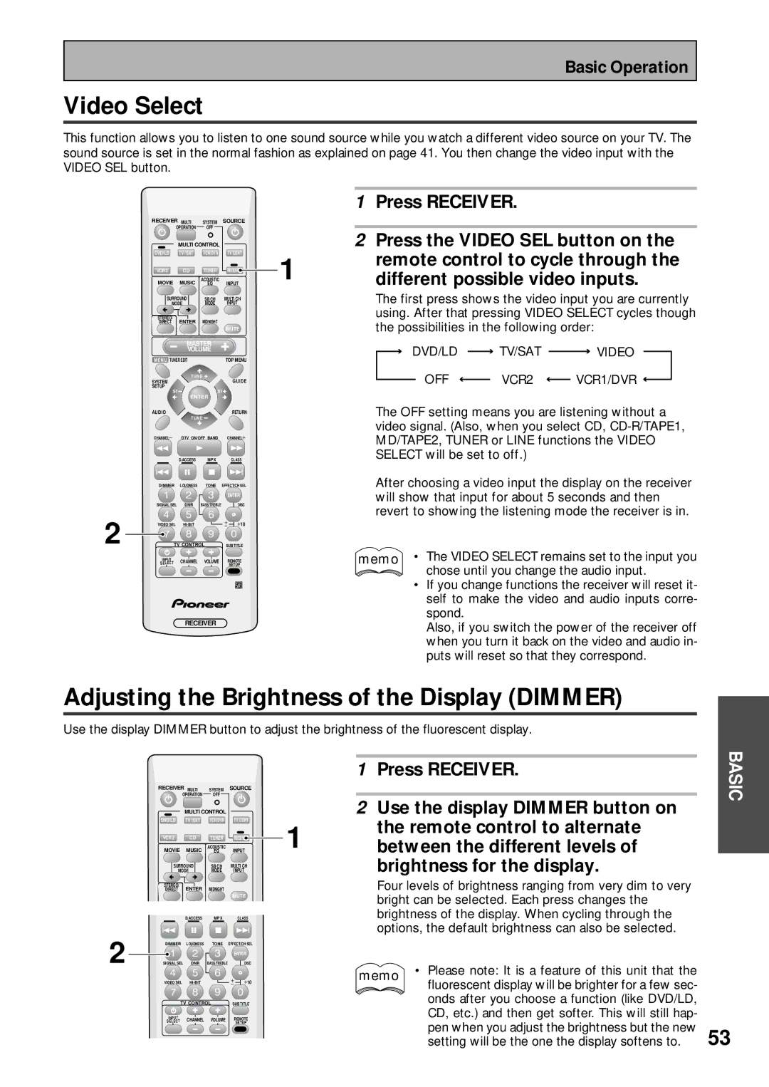 Pioneer VSX-43TX operating instructions Video Select, Adjusting the Brightness of the Display Dimmer 