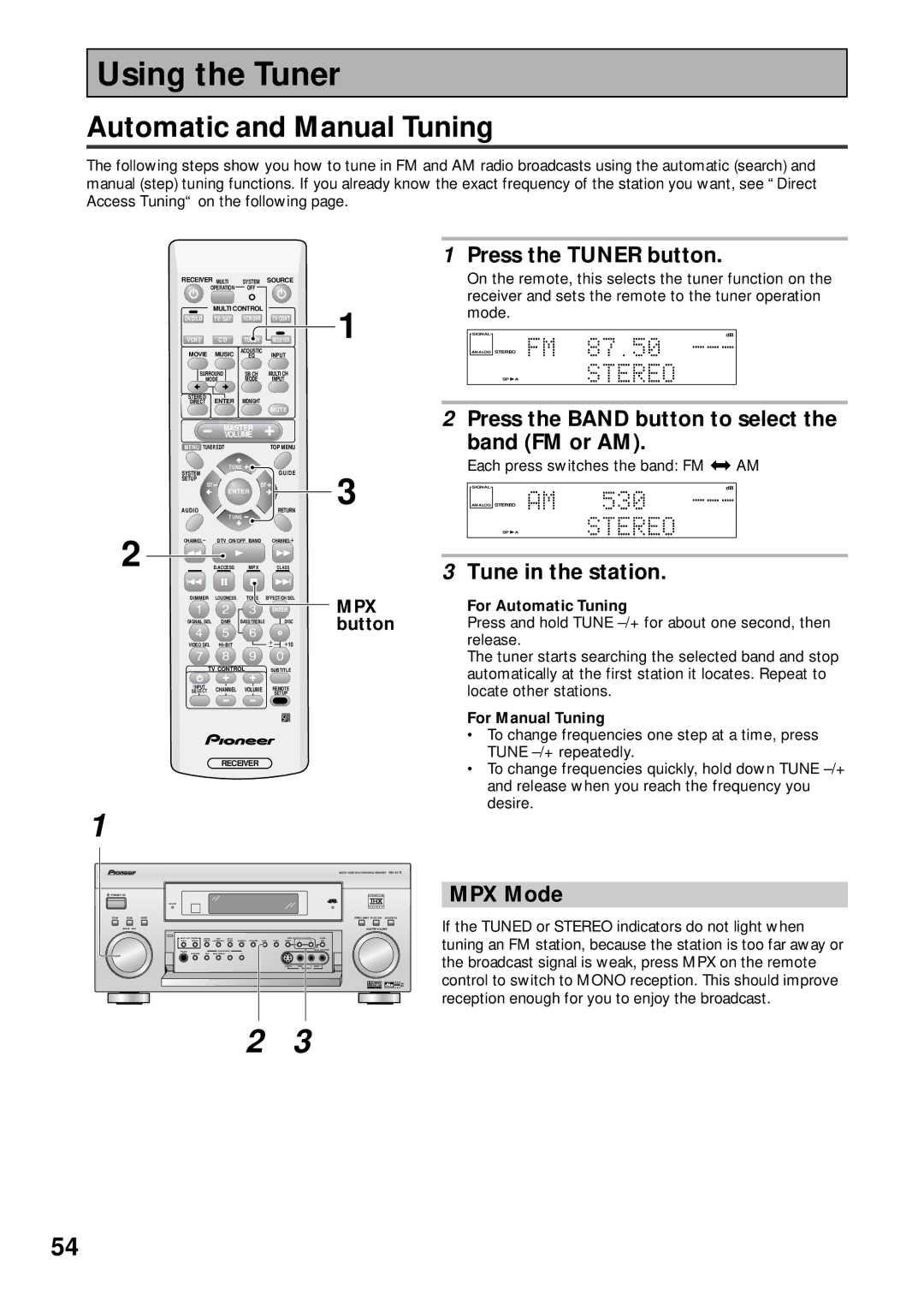 Pioneer VSX-43TX operating instructions Using the Tuner, Automatic and Manual Tuning 