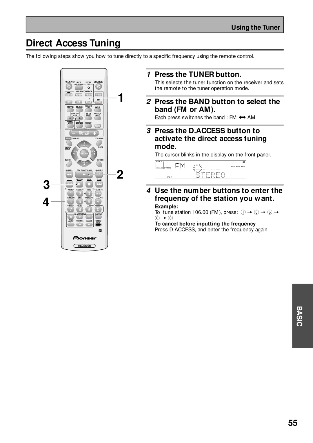 Pioneer VSX-43TX operating instructions Direct Access Tuning, Example, To cancel before inputting the frequency 