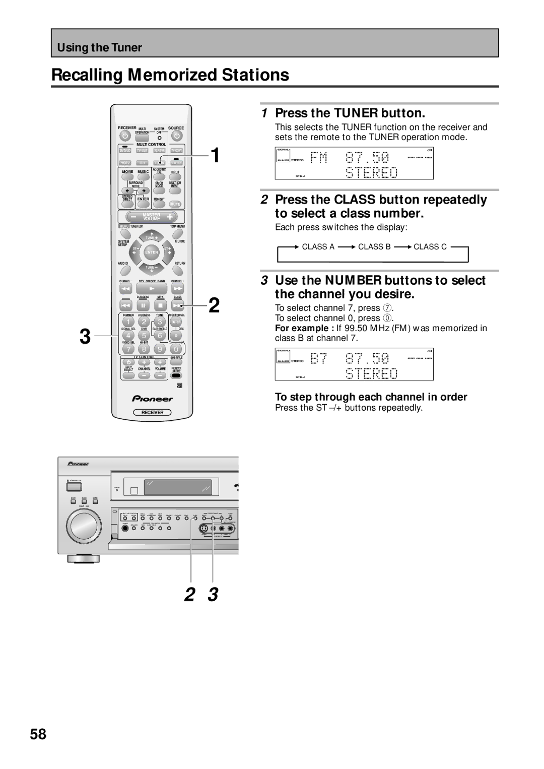 Pioneer VSX-43TX operating instructions Recalling Memorized Stations, Use the Number buttons to select Channel you desire 