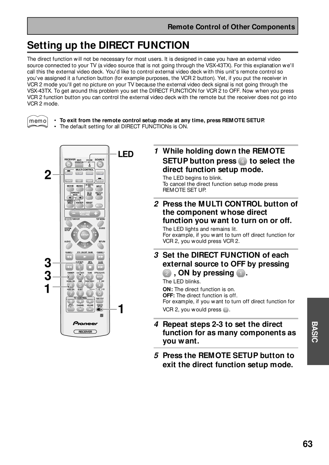 Pioneer VSX-43TX operating instructions Setting up the Direct Function 