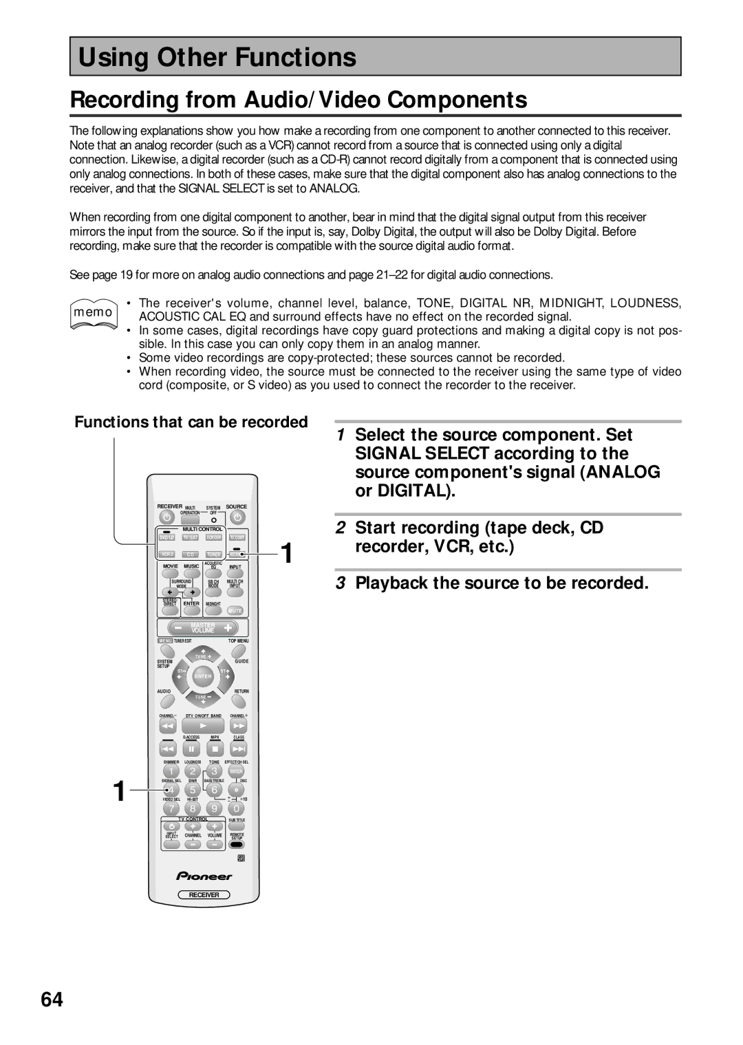 Pioneer VSX-43TX operating instructions Using Other Functions, Recording from Audio/Video Components 