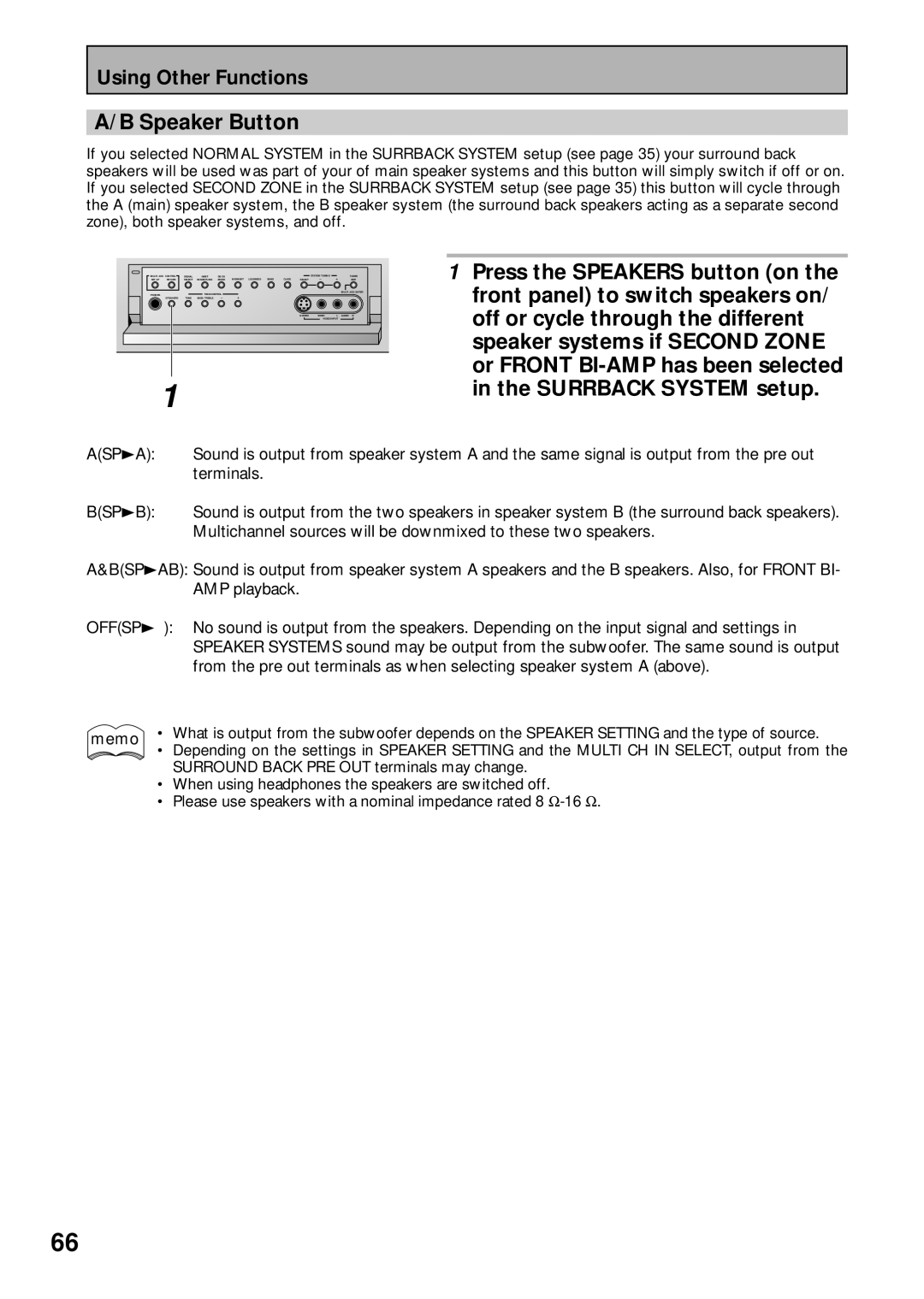 Pioneer VSX-43TX operating instructions Speaker Button, Surround Back PRE OUT terminals may change 