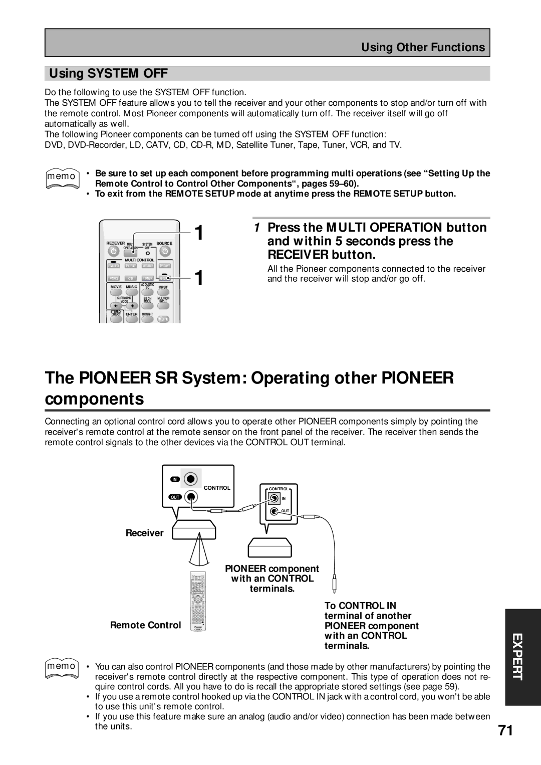 Pioneer VSX-43TX operating instructions Pioneer SR System Operating other Pioneer components, Using System OFF, Receiver 