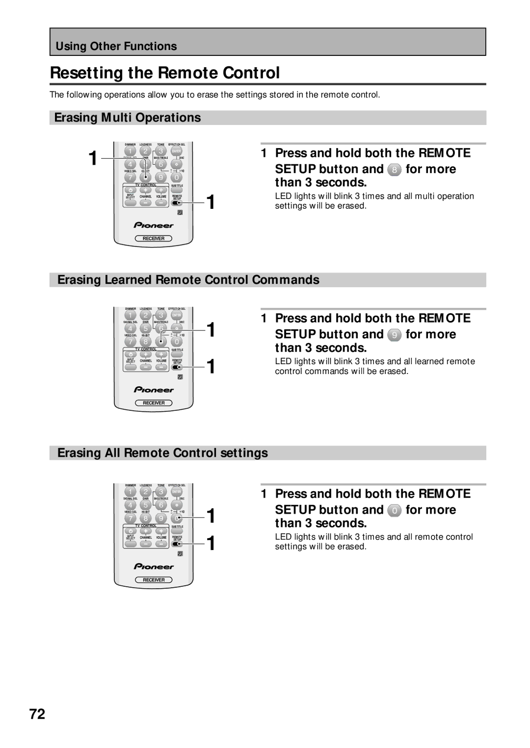 Pioneer VSX-43TX Resetting the Remote Control, Erasing Multi Operations, Erasing Learned Remote Control Commands 