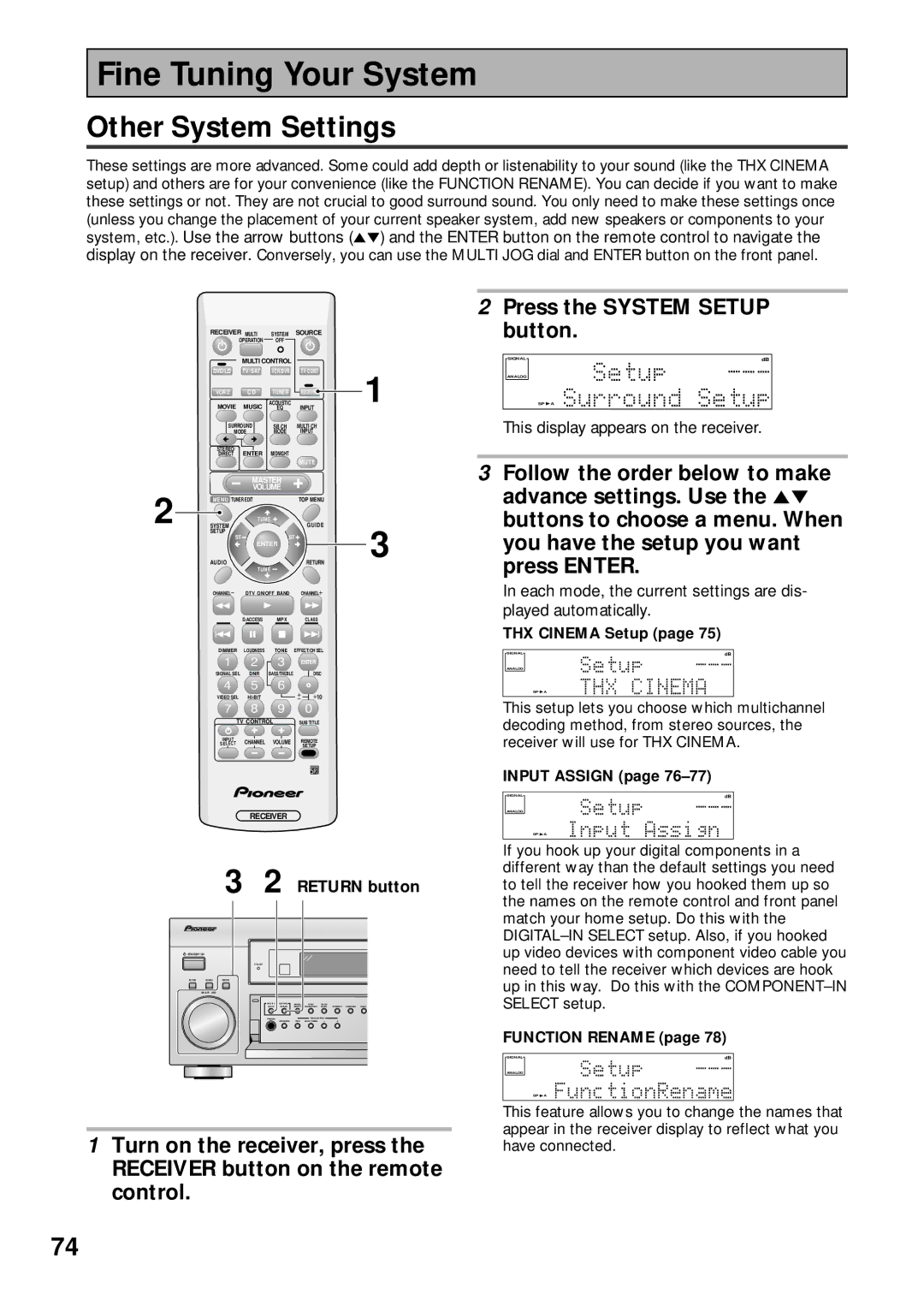 Pioneer VSX-43TX Fine Tuning Your System, Other System Settings, THX Cinema Setup, Input Assign, Function Rename 