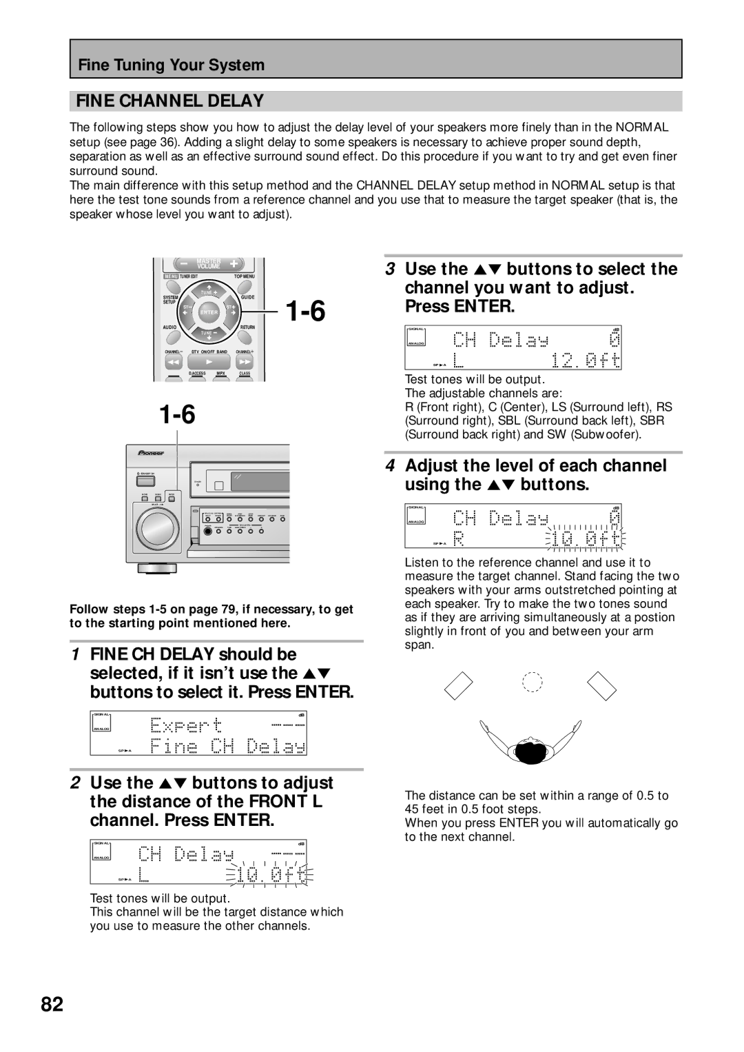 Pioneer VSX-43TX Fine Channel Delay, Channel you want to adjust, Channel. Press Enter, Test tones will be output 